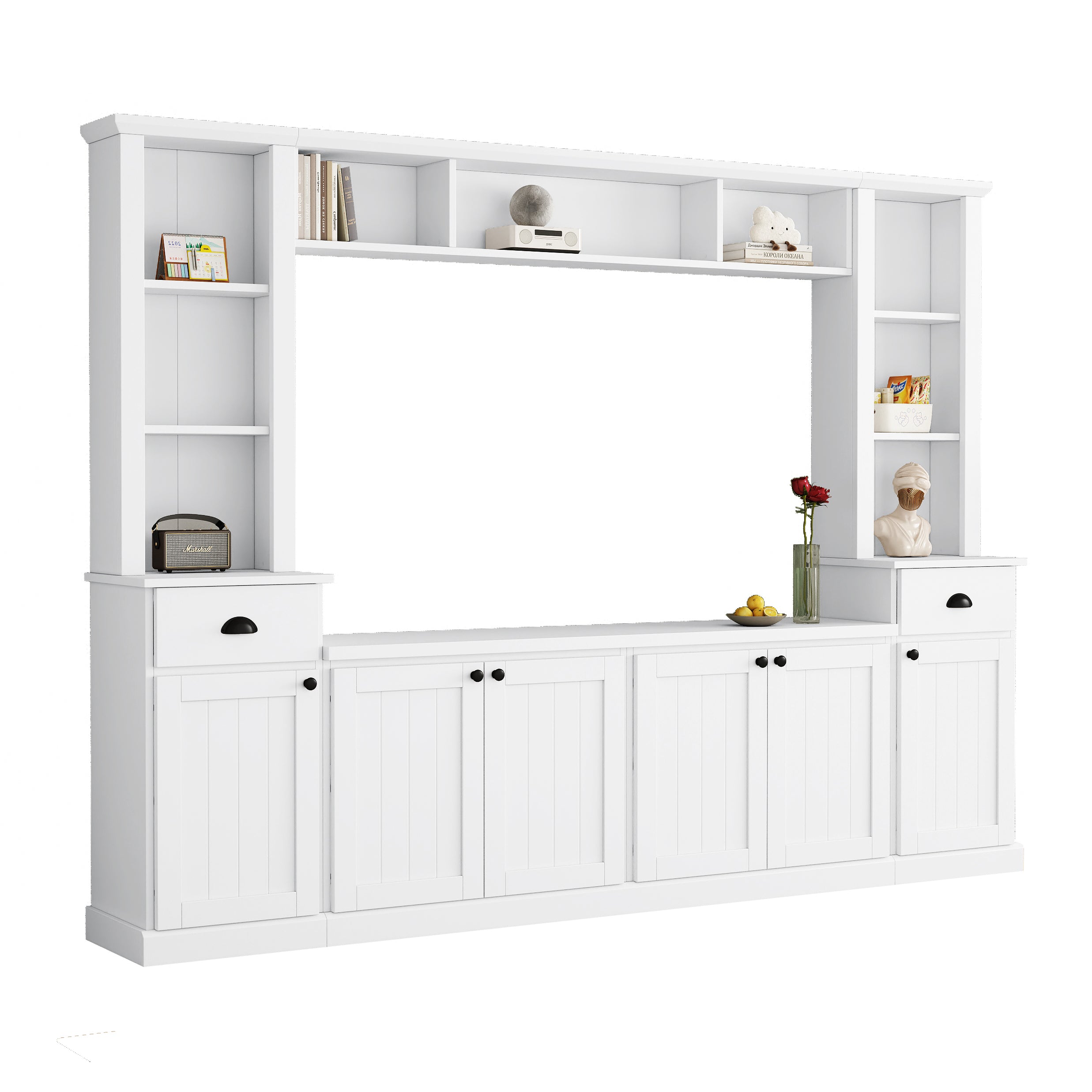 Minimalist Entertainment Wall Unit Set with Bridge for TVs Up to 75'', Ample Storage Space TV Stand with Adjustable Shelves, Modernist Large Media Console for Living Room, White - Grand Goldman Shop