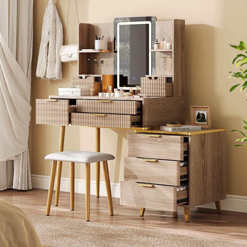 7-Drawer Vanity Desk with LED Mirror & Carved Details, Fluted Makeup Table with Metal Legs and PU Stool, Carved Dressing Table with Jewelry Storage for Bedroom - Grand Goldman Shop