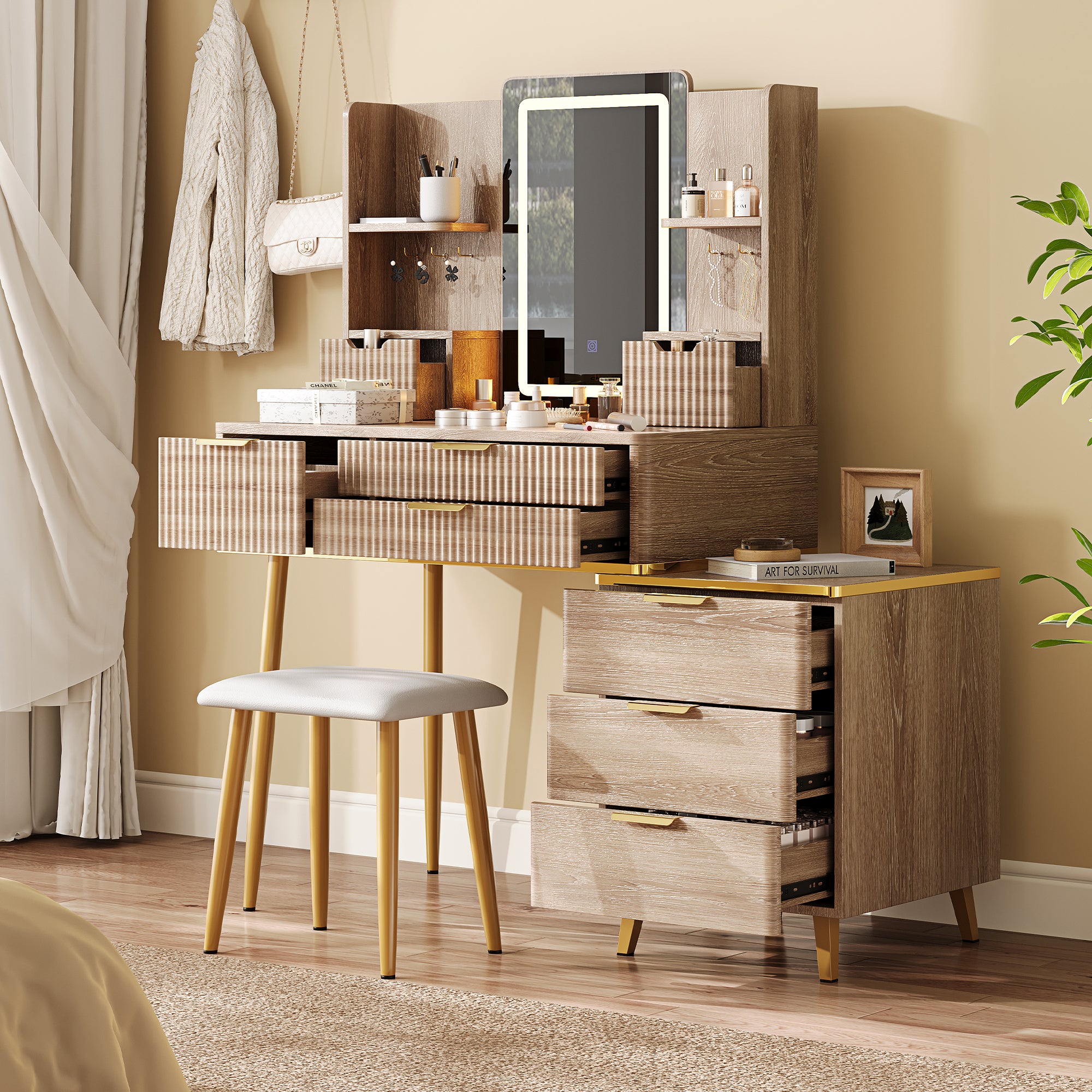 7-Drawer Vanity Desk with LED Mirror & Carved Details, Fluted Makeup Table with Metal Legs and PU Stool, Carved Dressing Table with Jewelry Storage for Bedroom - Grand Goldman Shop