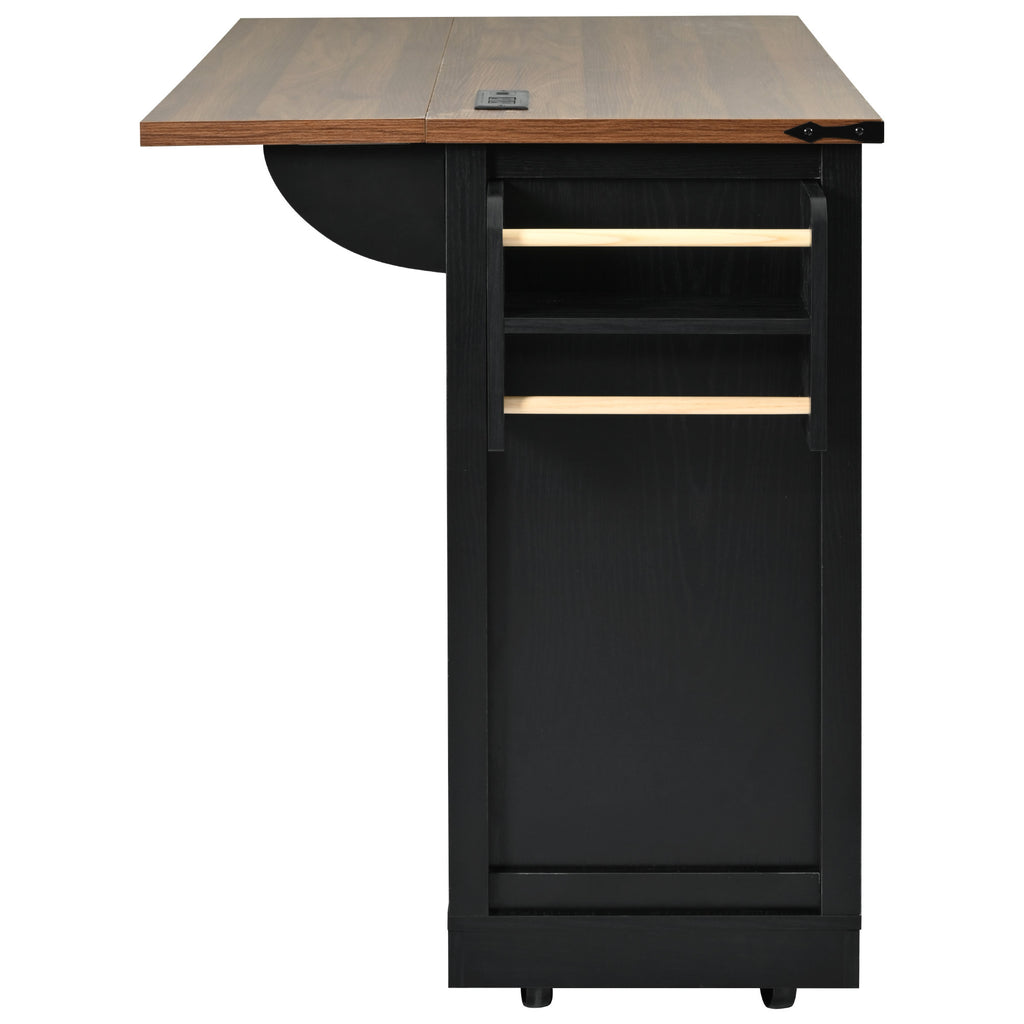 K&K 53.7' Farmhouse Kitchen Island with Power Outlet, 2 Sliding Barn Door Kitchen Storage Island with Drop Leaf, Spice Rack Rolling Kitchen Cart on Wheels, for Home, Kitchen and Dining Room, Black - Grand Goldman Shop