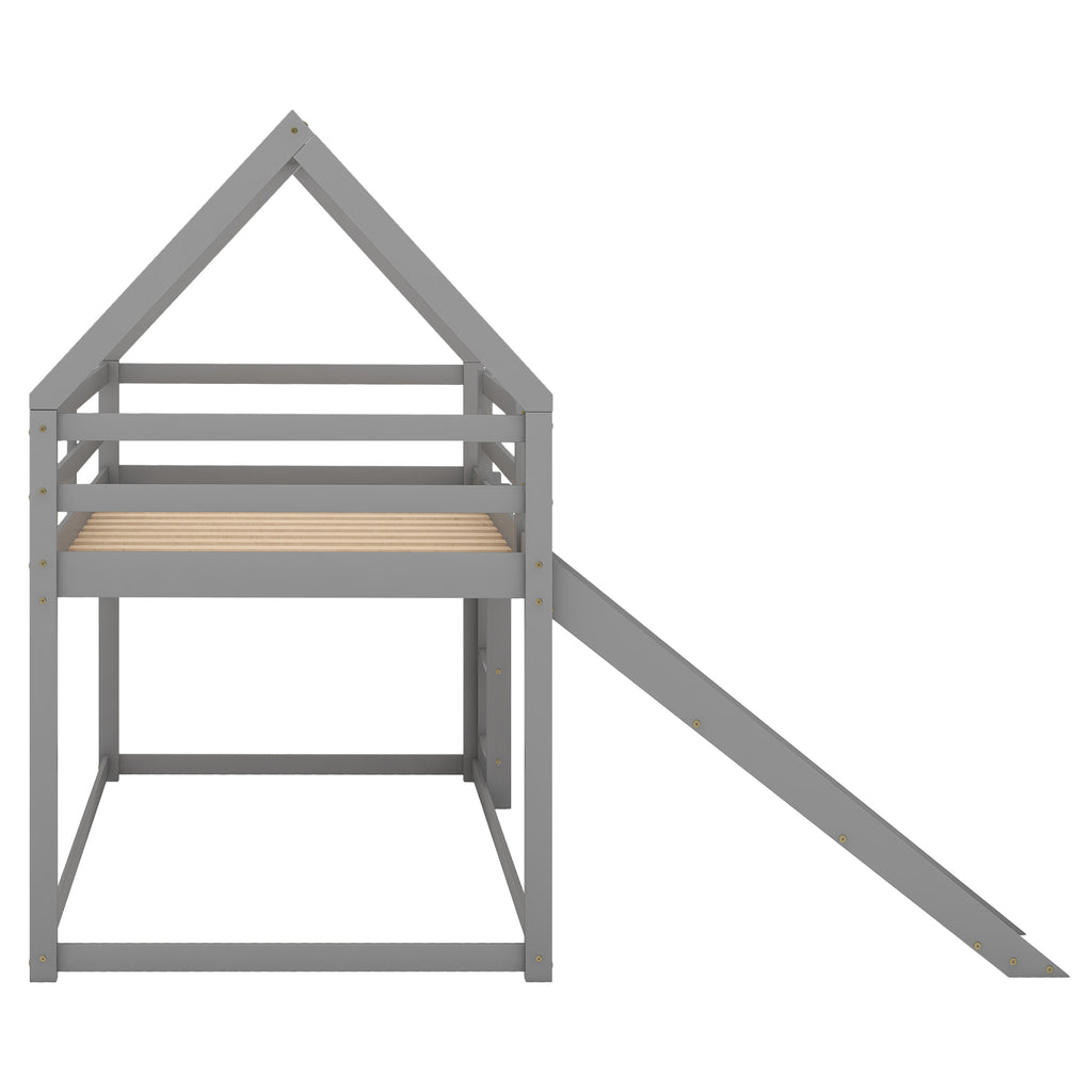 Gray House-Shape Twin Over Twin Bunk Bed with Slide and Ladder, Pine Wood and MDF, 77.4''L x 41.7''W x 70.9''H - Grand Goldman Shop