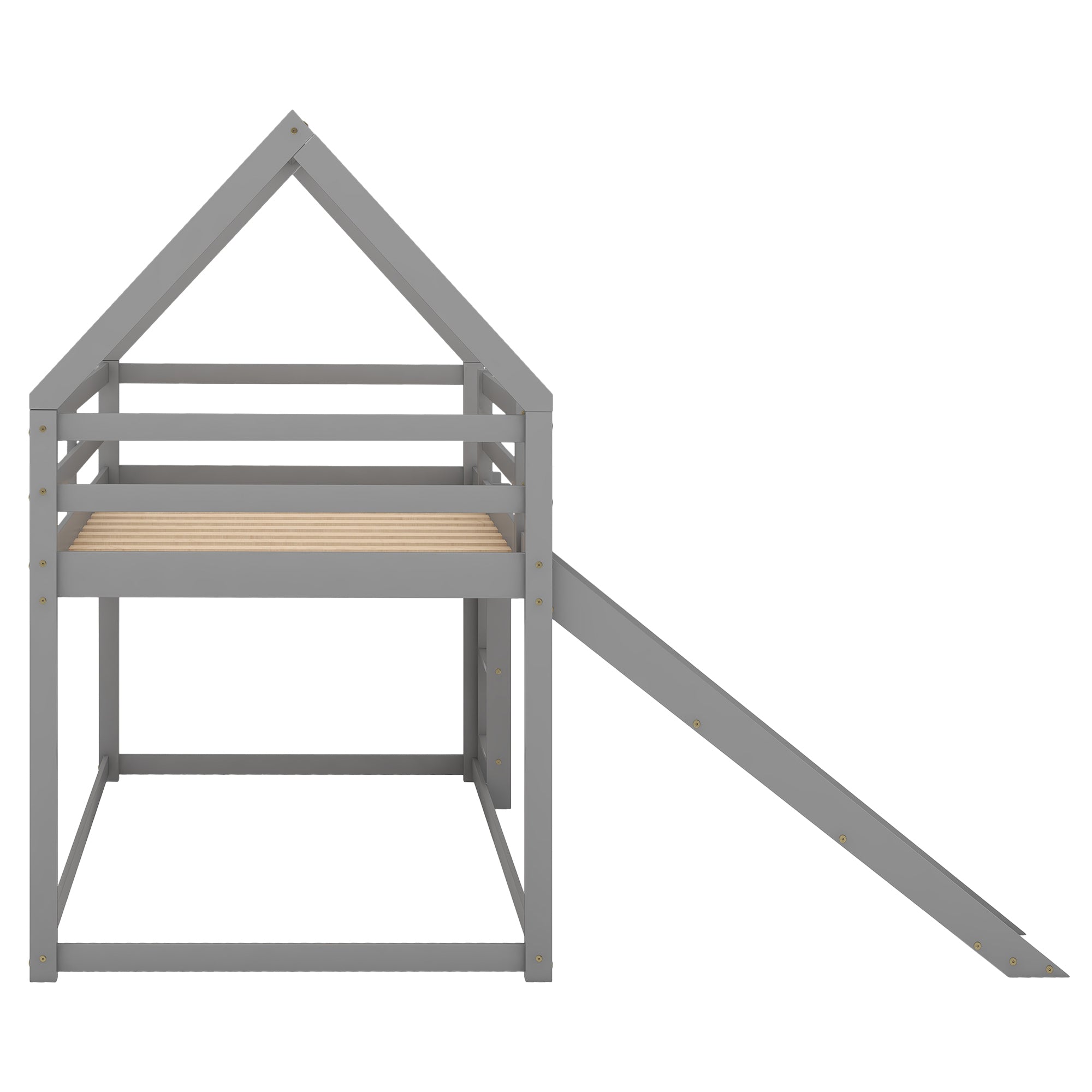 Gray House-Shape Twin Over Twin Bunk Bed with Slide and Ladder, Pine Wood and MDF, 77.4''L x 41.7''W x 70.9''H - Grand Goldman Shop