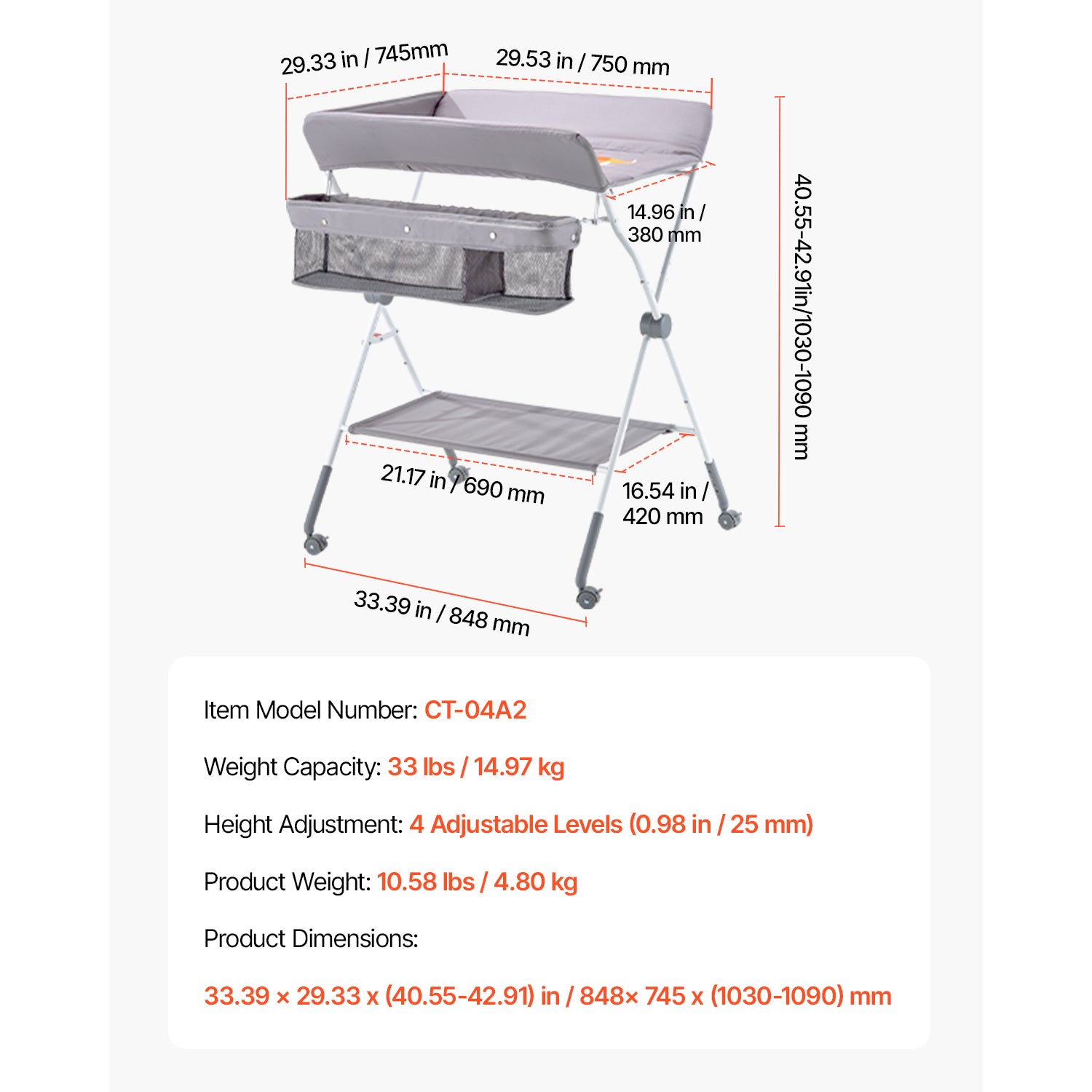 Foldable Baby Changing Diaper Station with Side Basket & Wheels Light Gray - Grand Goldman