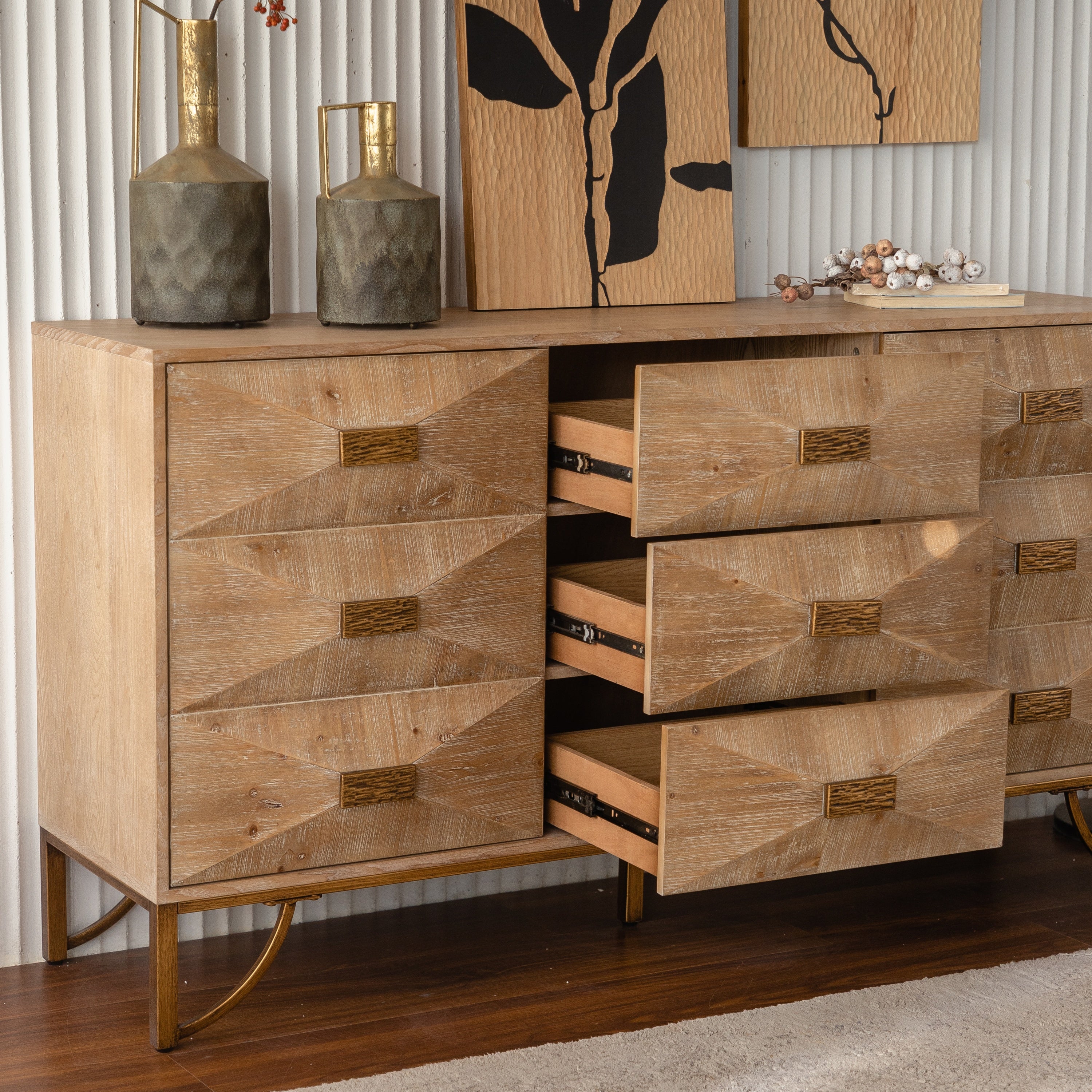 59.44' Light Wood Sideboard Buffet - 3-Drawer + 2-Door Storage Cabinet with Geometric Relief Fronts, Gold Metal Legs for Living Room/Dining Room - Grand Goldman Shop