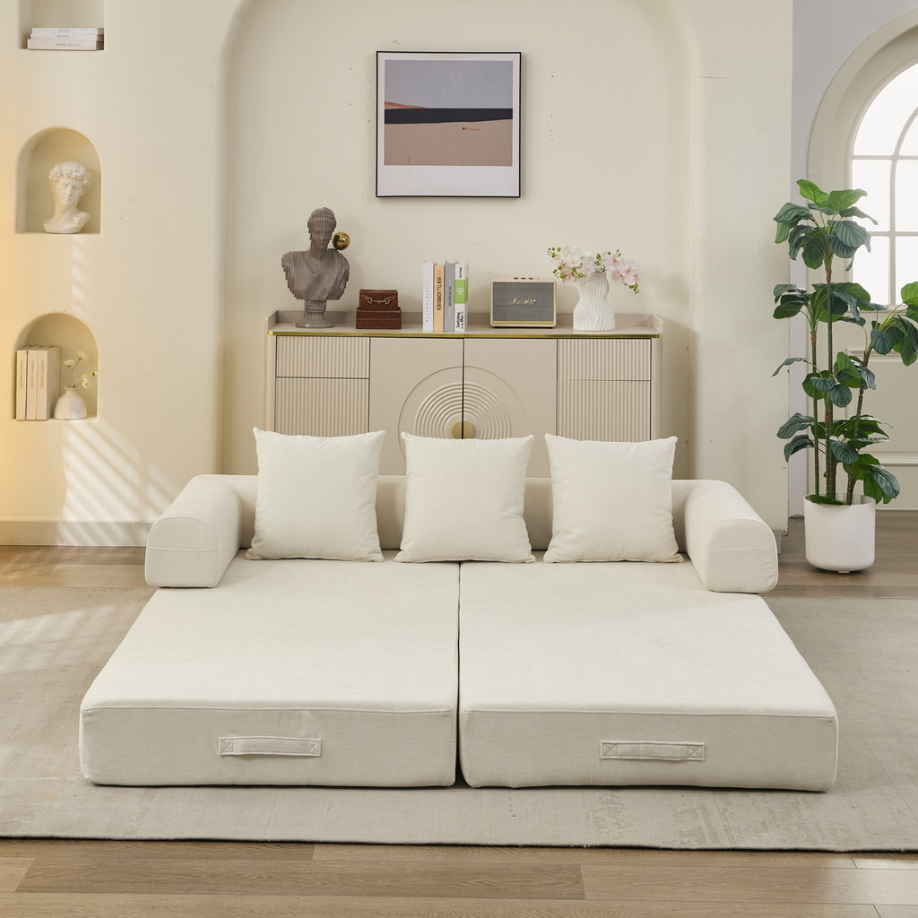 Comfy Convertible Folding Mattress Couch, Floor Sofa Bed, Chenille Floor Sofa with Armrest, Floor Sofa Lounge Couch for Living Room Bedroom Lounge Studio-Beige - Grand Goldman Shop
