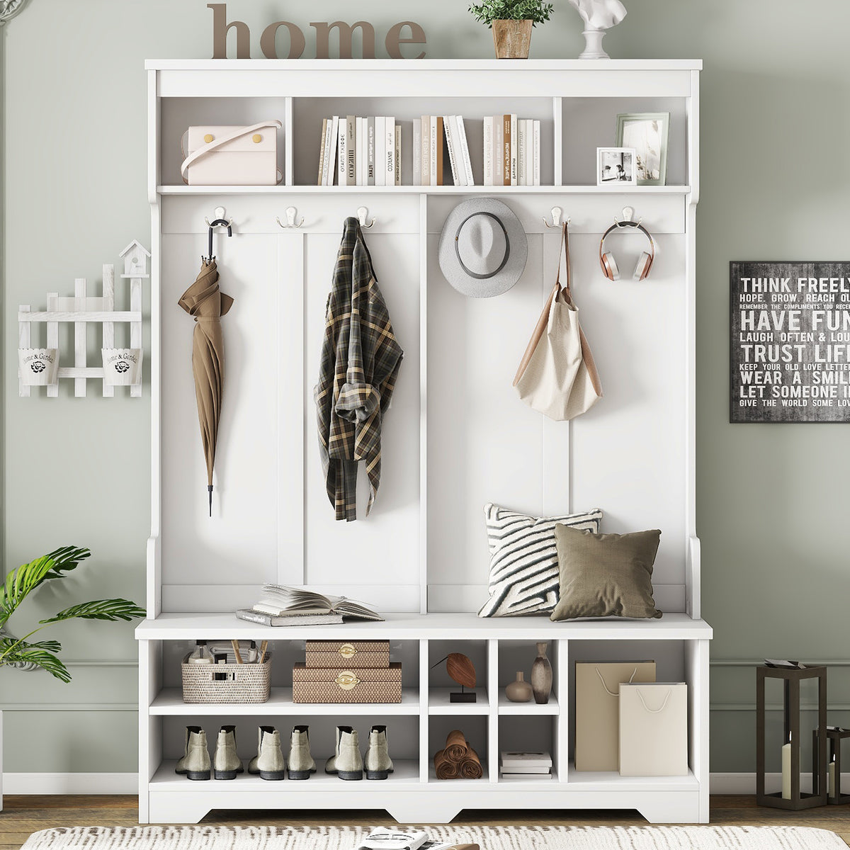 Modern Hallway Hall Tree with Metal Hooks and Storage Space, Multi-Functional Entryway Coat Rack with Shoe Cubbies, White - Grand Goldman Shop