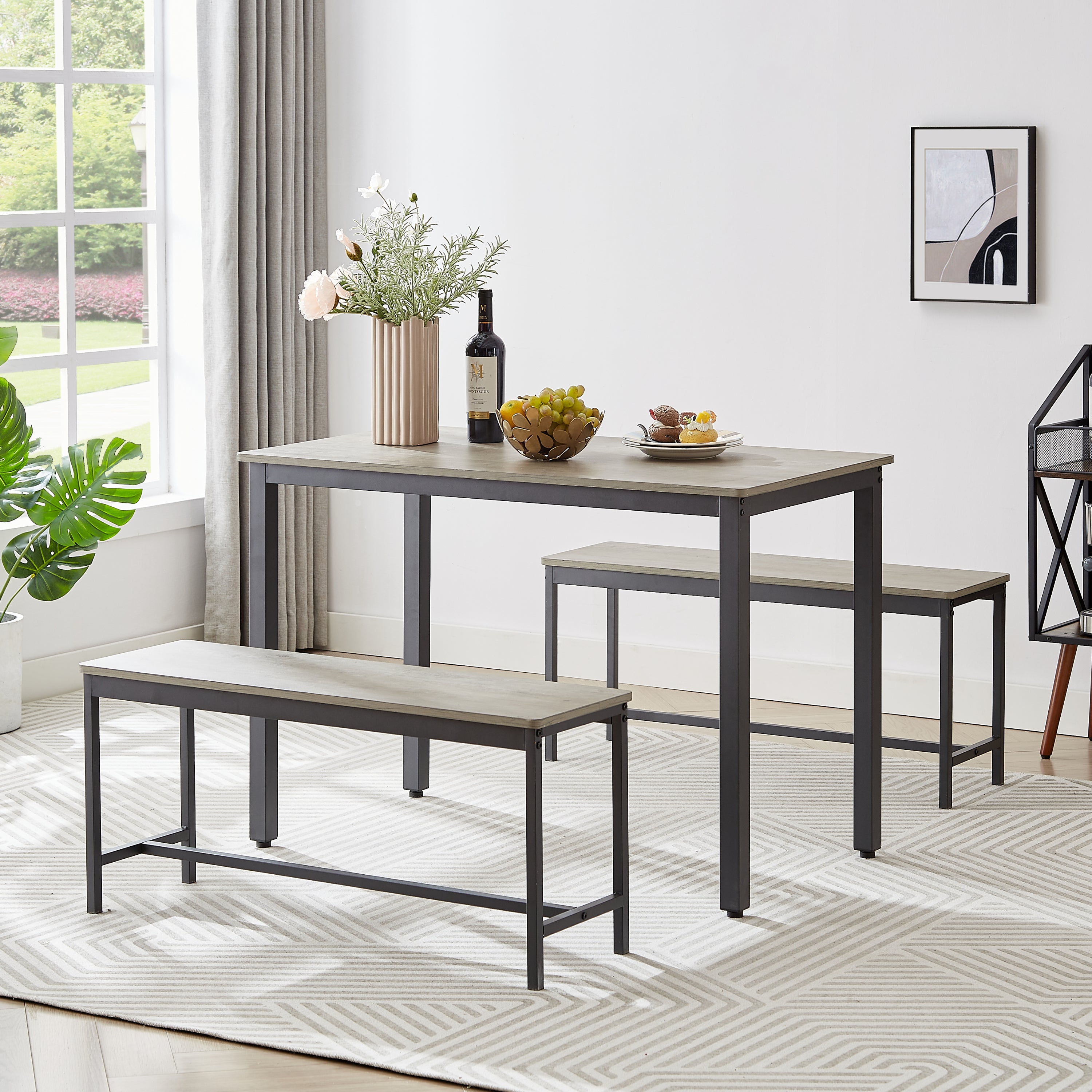 Dining Table Set, Bar Table with 2 Dining Benches, Kitchen Table Counter with Chairs, Industrial for Kitchen Breakfast Table, Living Room, Party Room, Grey and Black,43.3″L x 23.6″W x 29.9″H - Grand Goldman Shop