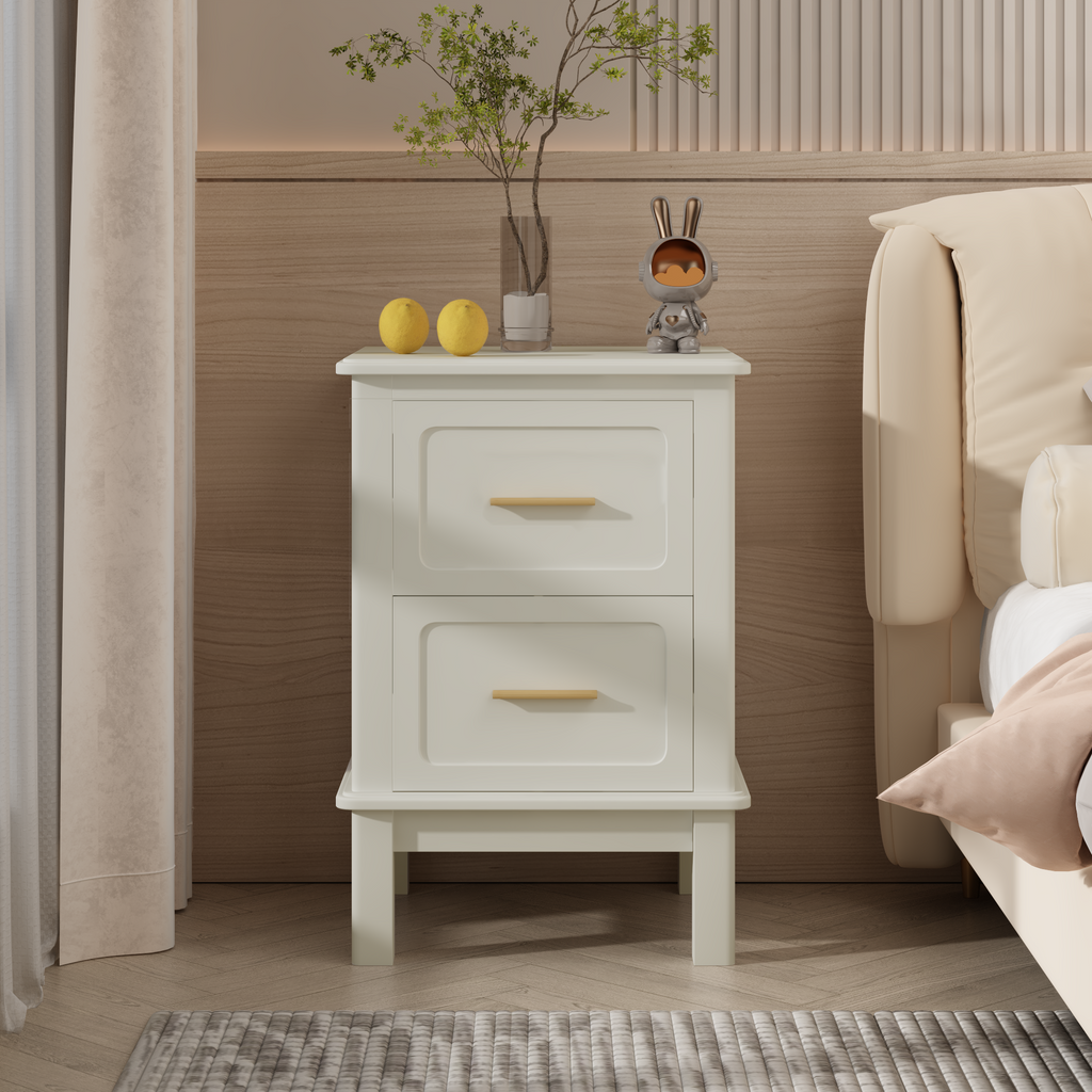 Modern  Nightstand with 2 Drawers, Bedroom Bedside Table with Gold Handles, Sturdy Wood Accent Table for Small Spaces, Living Room, Kids Room & Guest Room-Off White - Grand Goldman Shop