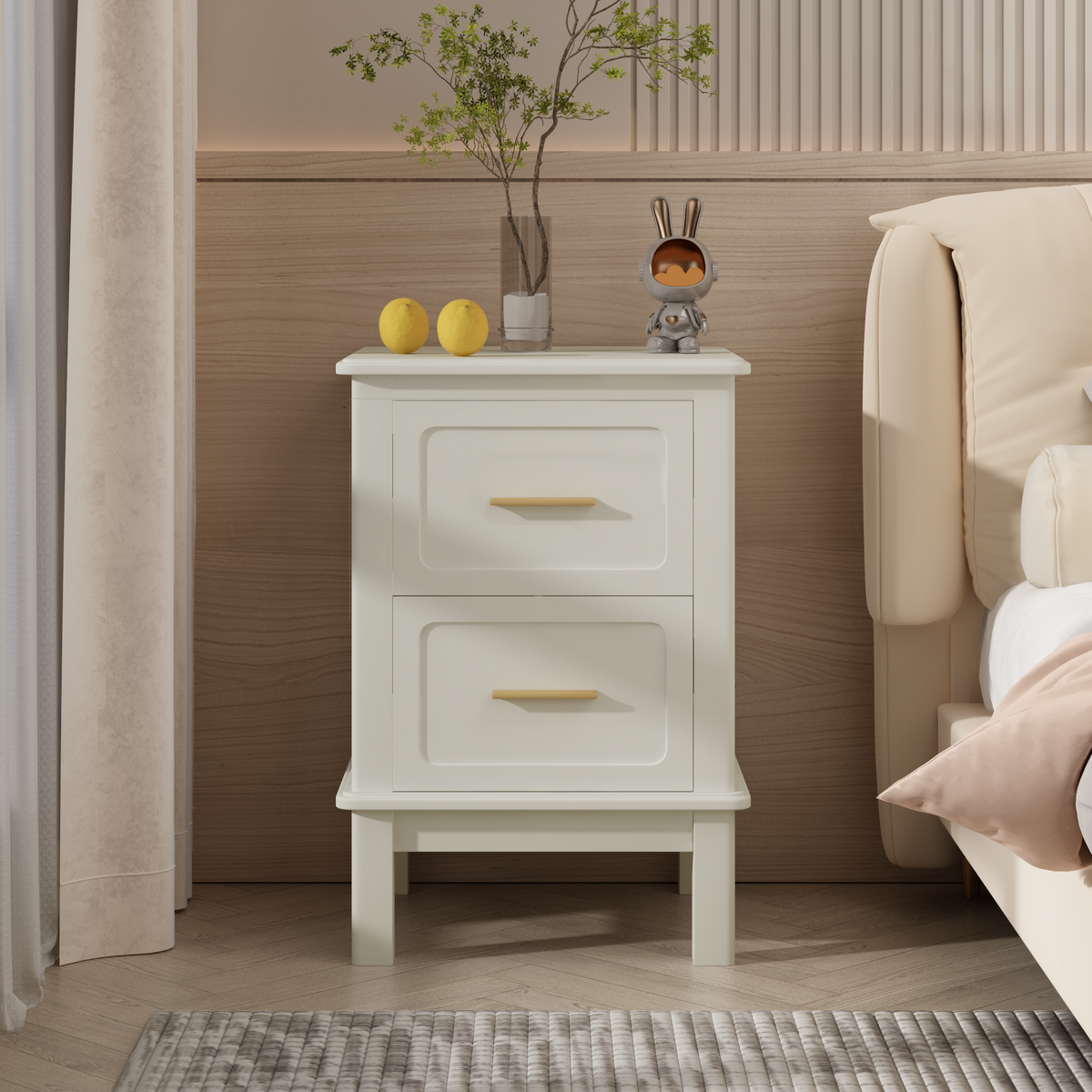Modern  Nightstand with 2 Drawers, Bedroom Bedside Table with Gold Handles, Sturdy Wood Accent Table for Small Spaces, Living Room, Kids Room & Guest Room-Off White - Grand Goldman Shop