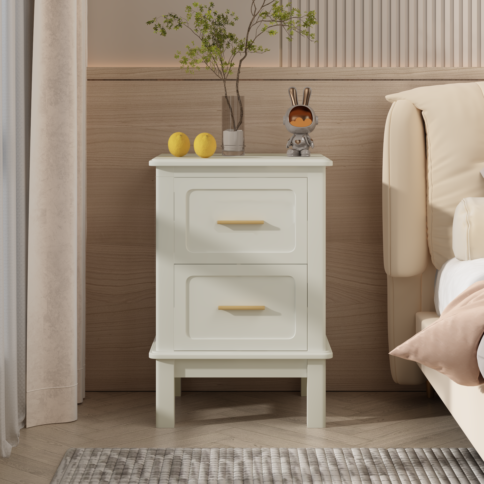 Modern  Nightstand with 2 Drawers, Bedroom Bedside Table with Gold Handles, Sturdy Wood Accent Table for Small Spaces, Living Room, Kids Room & Guest Room-Off White - Grand Goldman Shop