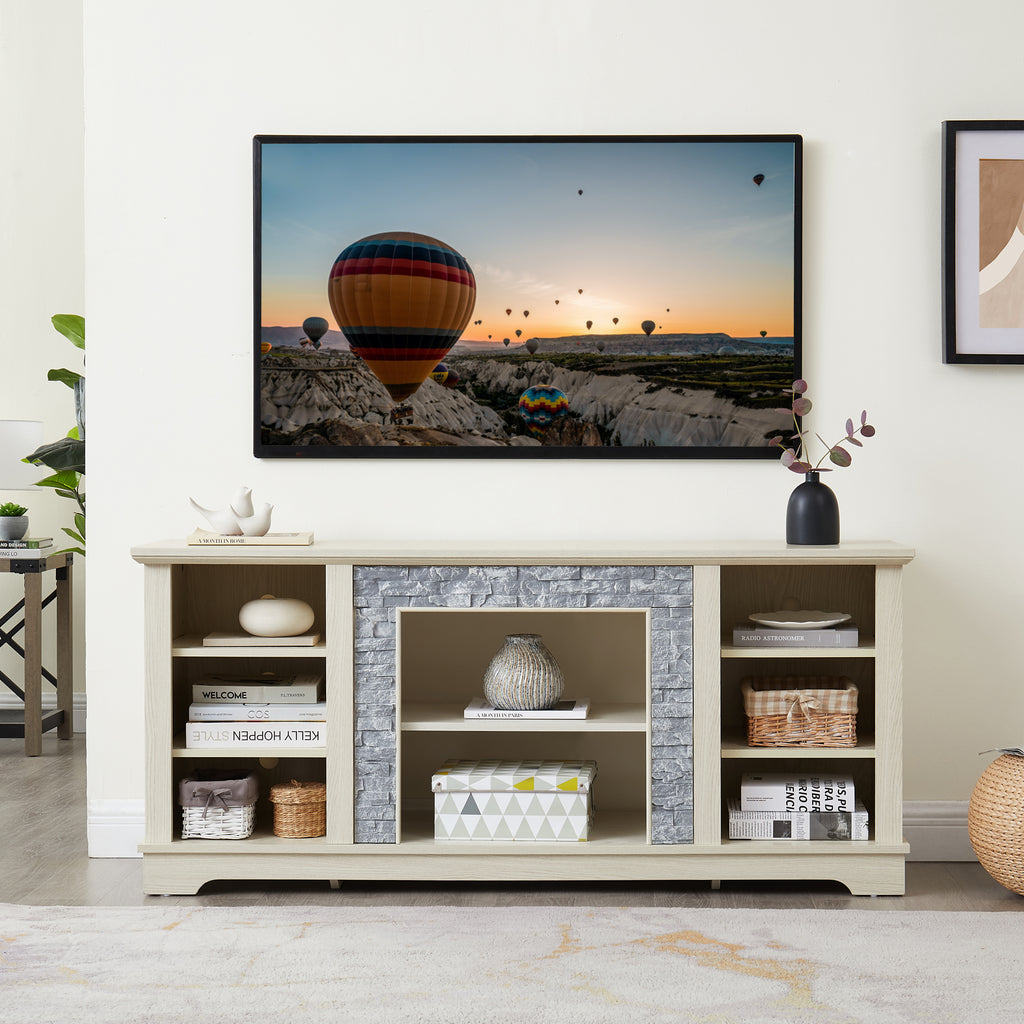 Mantel Stone TV Media Stand with with Faux Stacked Stone Surround, Modern Entertainment Console with Open Storage Space,WHITE, 58.31'W*15.39'D*26.06'H - Grand Goldman Shop
