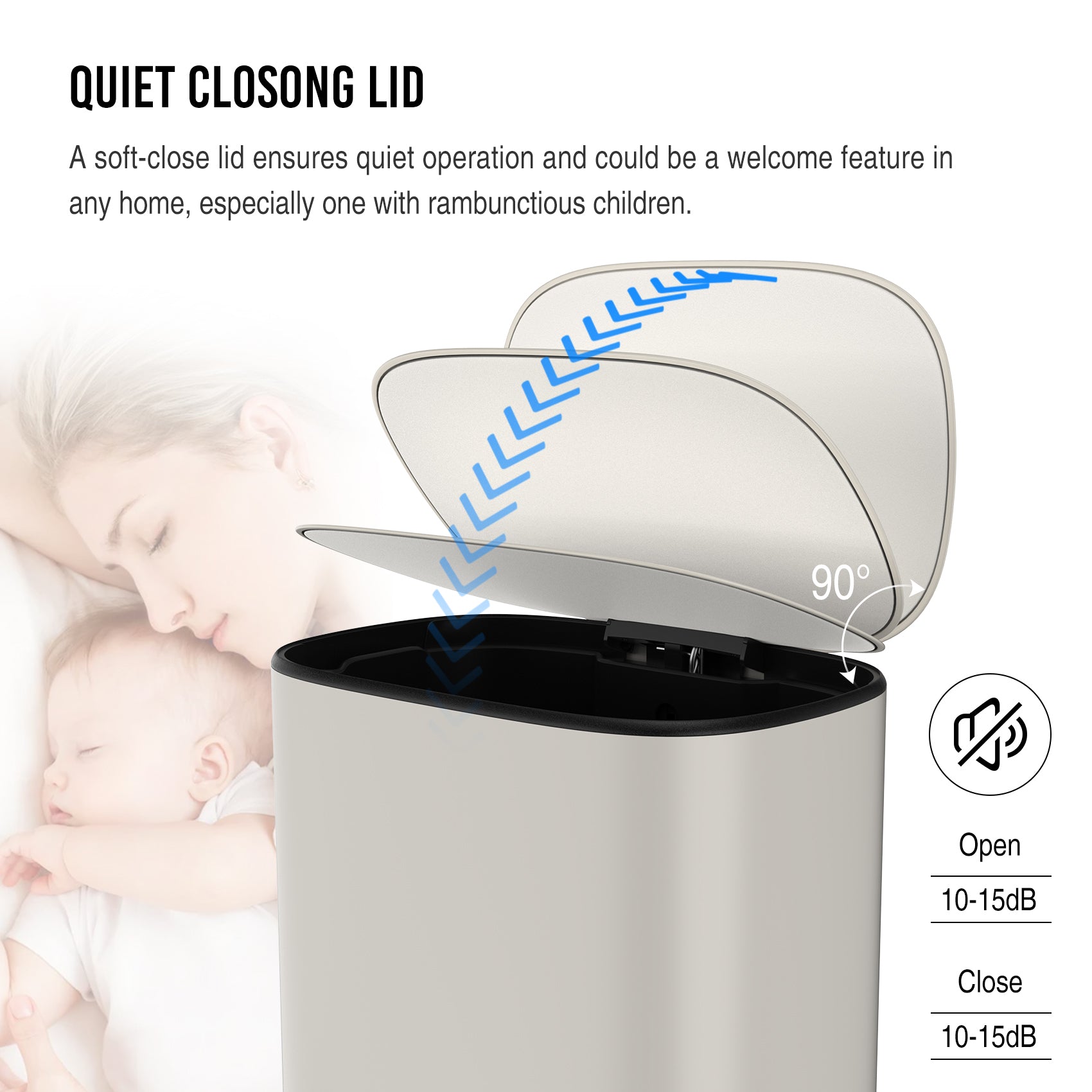13 Gallon 50L Kitchen Foot Pedal Operated Soft Close Trash Can - Stainless Steel Ellipse Bustbin - White - Grand Goldman Shop