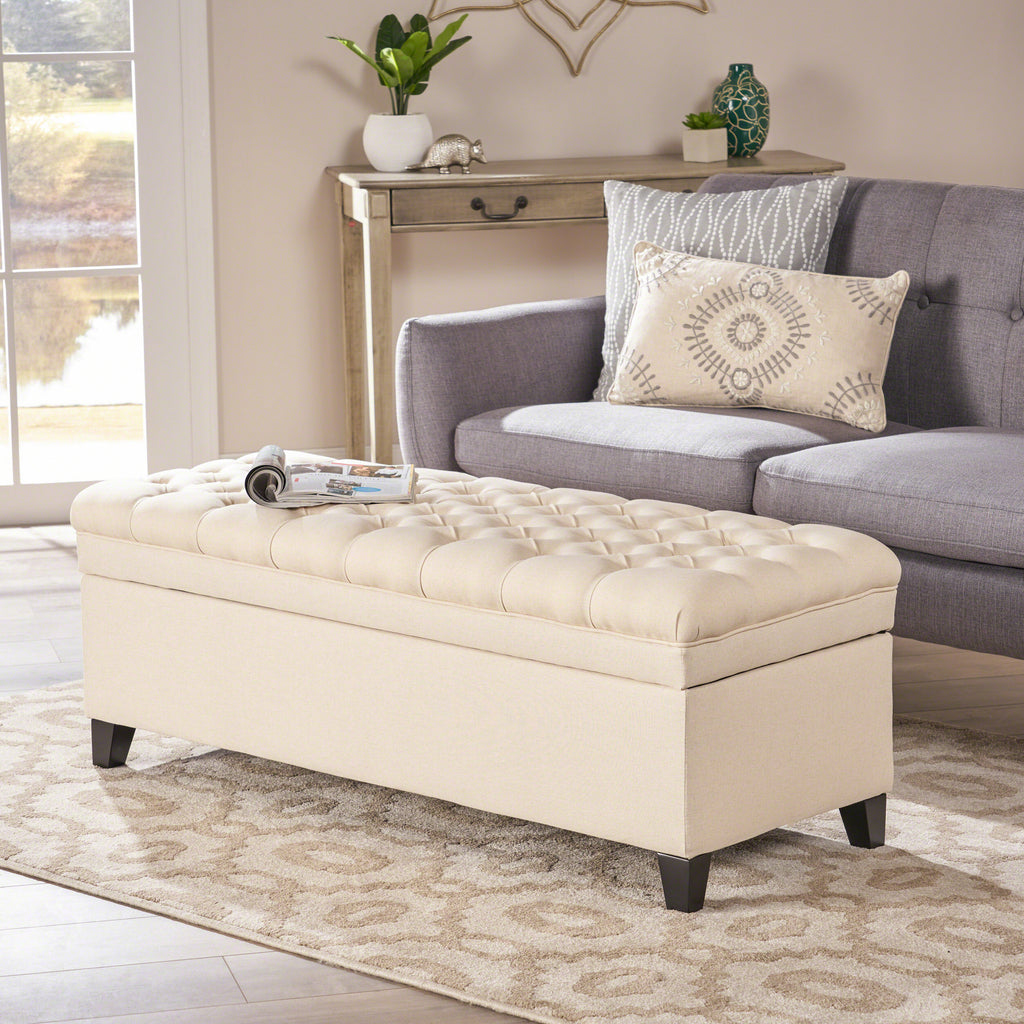 Juliana Contemporary Storage Ottoman with Button-Tufted Diamond Stitching in Beige Fabric - Grand Goldman Shop