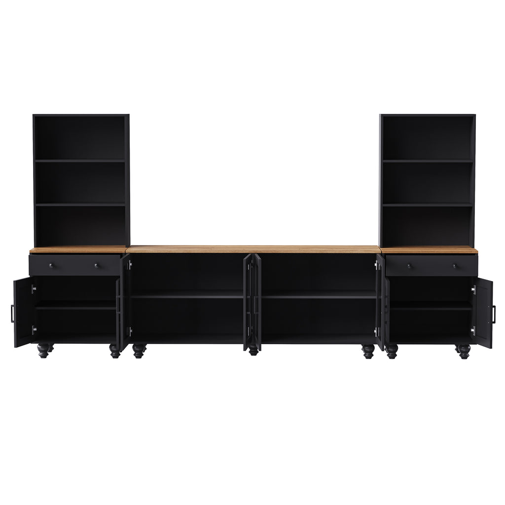 Farmhouse TV Stand with Solid Wood Gourd-Shaped Legs for TVs Up to 70', Entertainment Center with Bookshelves & Tempered Glass Doors, Media Console with Adjustable Shelves, Living Room, Black - Grand Goldman Shop