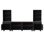 Farmhouse TV Stand with Solid Wood Gourd-Shaped Legs for TVs Up to 70', Entertainment Center with Bookshelves & Tempered Glass Doors, Media Console with Adjustable Shelves, Living Room, Black - Grand Goldman Shop
