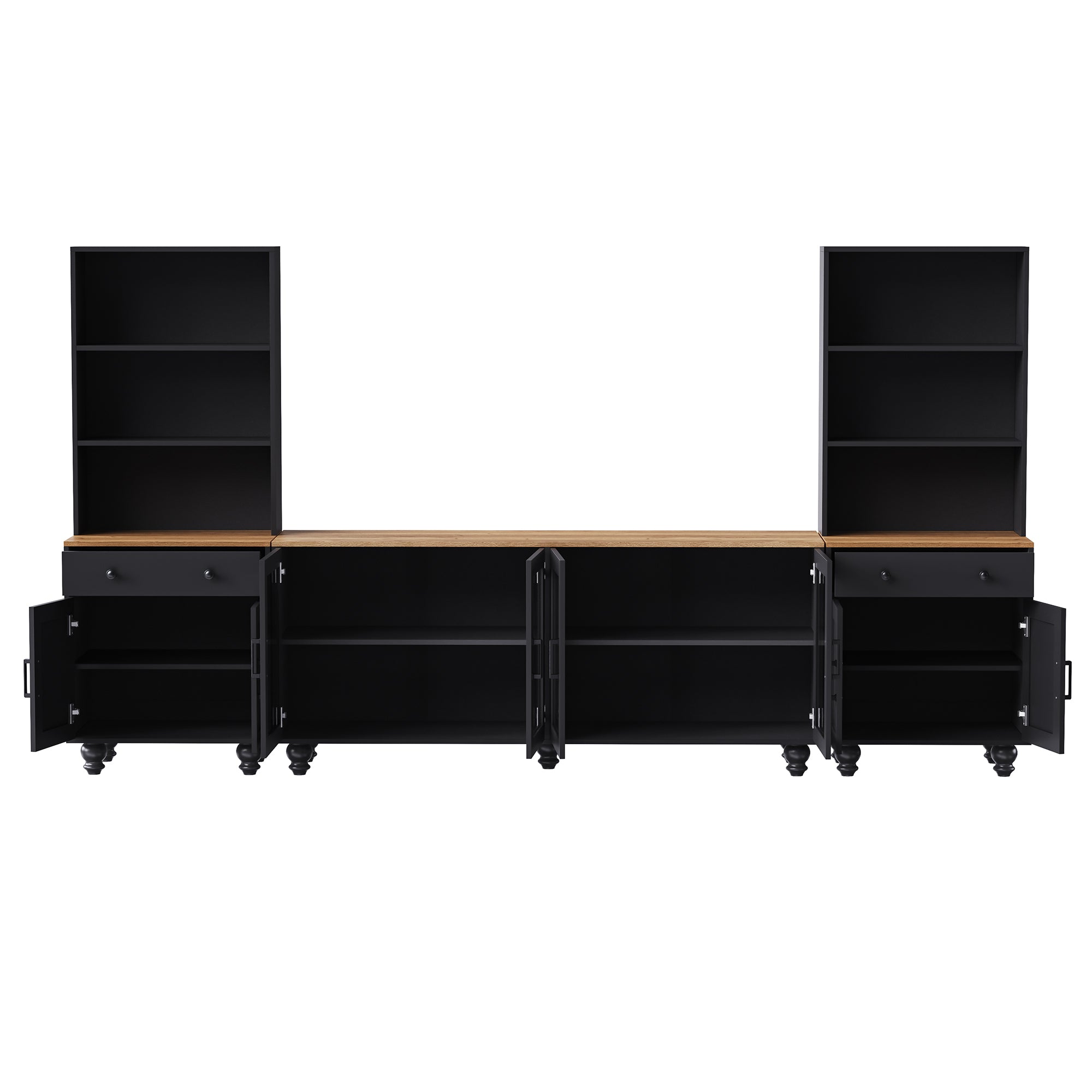 Farmhouse TV Stand with Solid Wood Gourd-Shaped Legs for TVs Up to 70', Entertainment Center with Bookshelves & Tempered Glass Doors, Media Console with Adjustable Shelves, Living Room, Black - Grand Goldman Shop