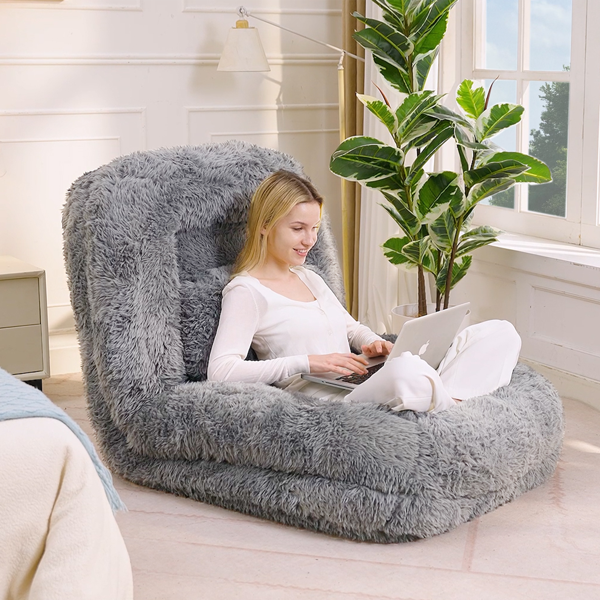 [NEW ARRIVED] [VIDEO PROVIDED] Human Dog Bed,Lazy Sofa,5-Position Adjustable Convertible,Floor Gaming Chair,bedroom, living room,Suitable for gaming, meditation,relaxation,Plush Fabric,Light Gray - Grand Goldman Shop
