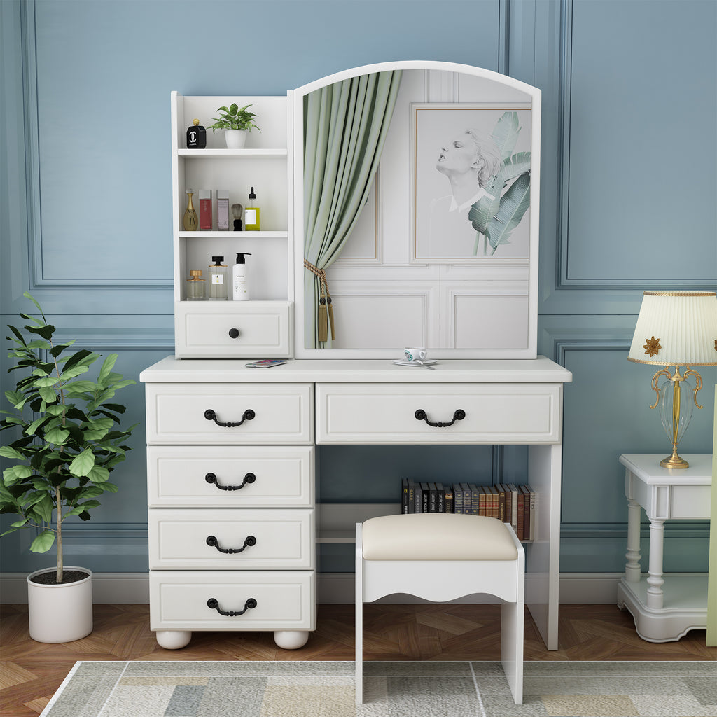 Fashion Vanity Desk with Mirror and Adjustable Lighting in White MDF, 6 Drawers, 3 Color Light Modes - Grand Goldman Shop