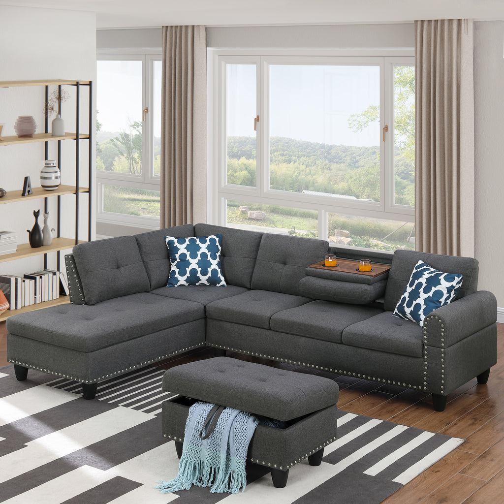 Alger Modern 98' Wide Left Hand Facing Sofa & Chaise with Ottoman in Dark Gray Linen - Grand Goldman Shop