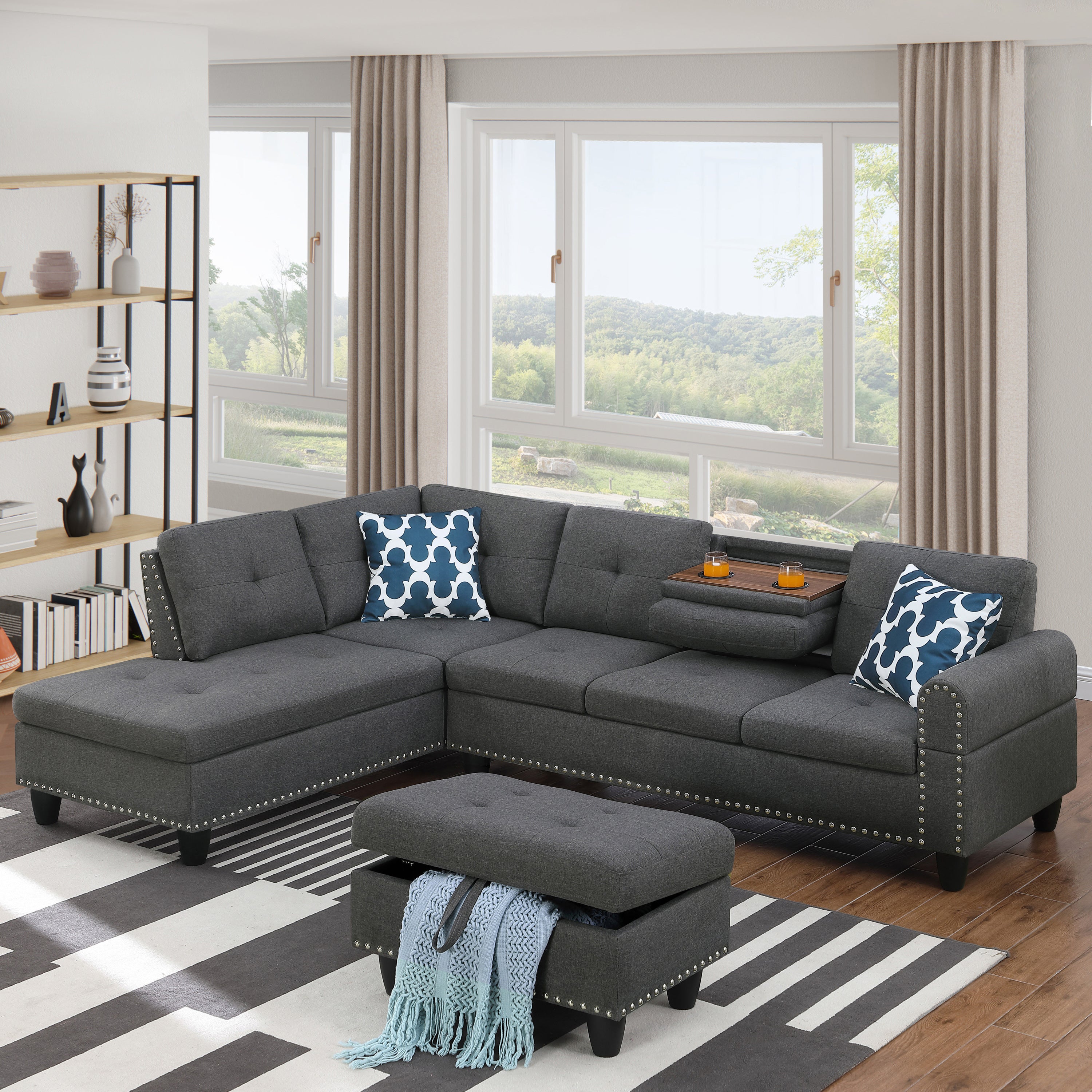 Alger Modern 98' Wide Left Hand Facing Sofa & Chaise with Ottoman in Dark Gray Linen - Grand Goldman Shop