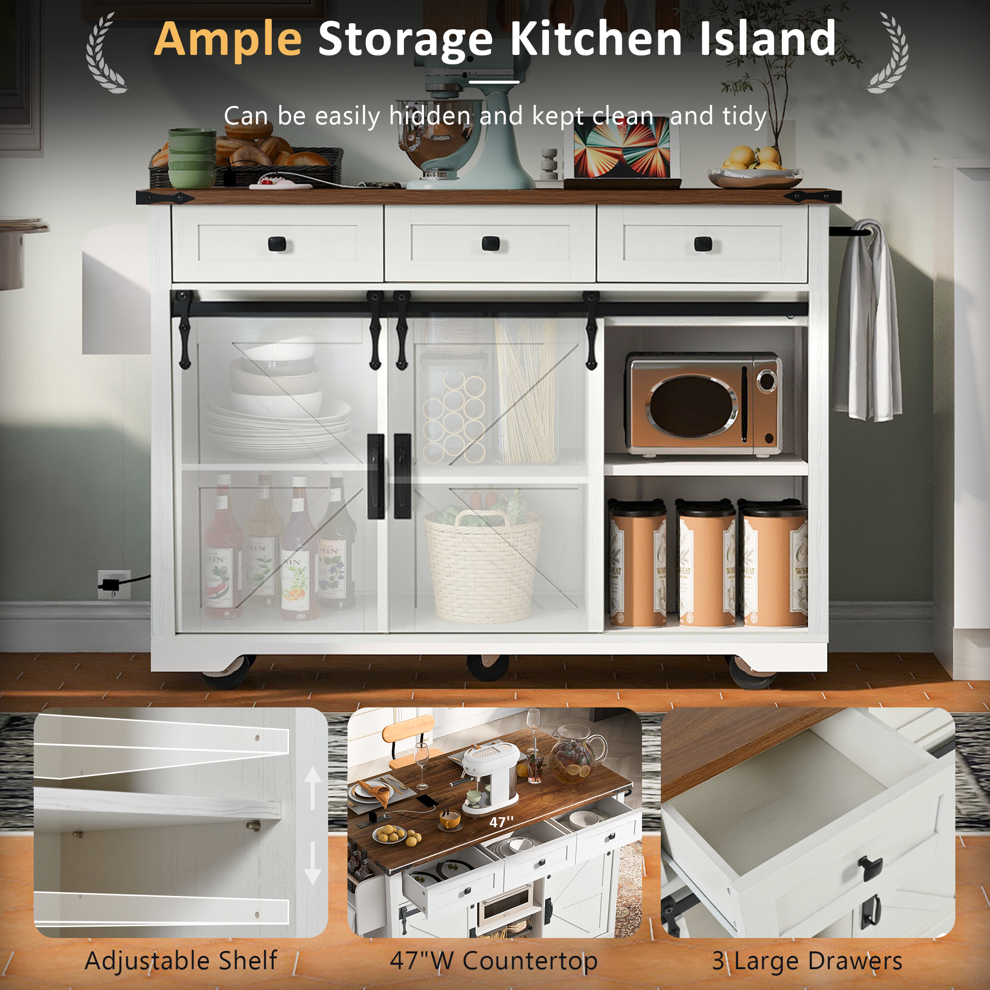 K&K 53.7' Farmhouse Kitchen Island with Power Outlet, 2 Sliding Barn Door Kitchen Storage Island with Drop Leaf, Spice Rack Rolling Kitchen Cart on Wheels, for Home, Kitchen and Dining Room, White - Grand Goldman Shop