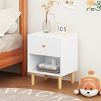 23.22''H White MDF Wooden Nightstand with One Drawer and One Shelf for Kids and Adults - Grand Goldman Shop