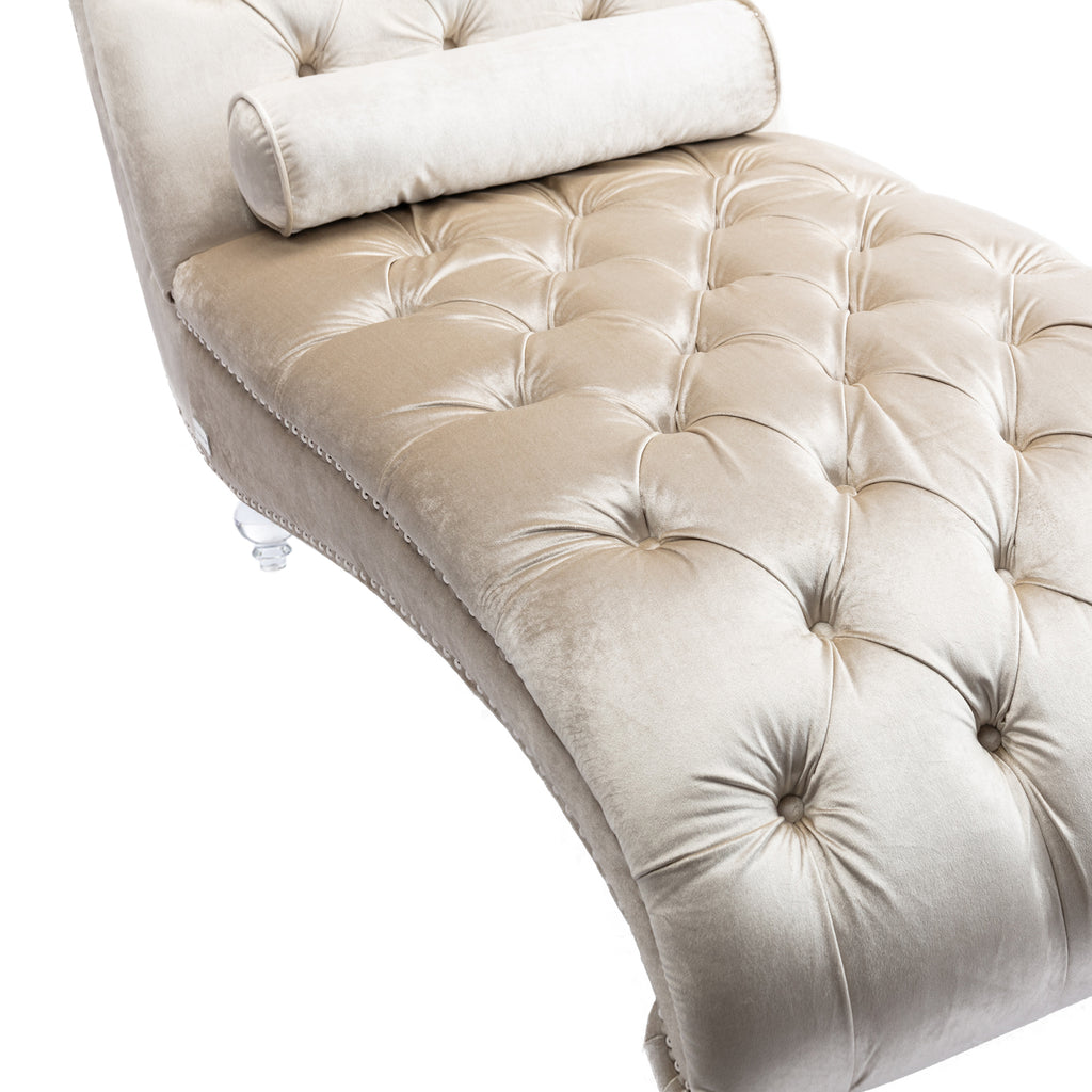 Velvet Chaise Lounge Indoor, Button-Tufted Upholstered Chair with Pillow, Beige Velvet, 63.38x28.94x34.05 inches - Grand Goldman Shop