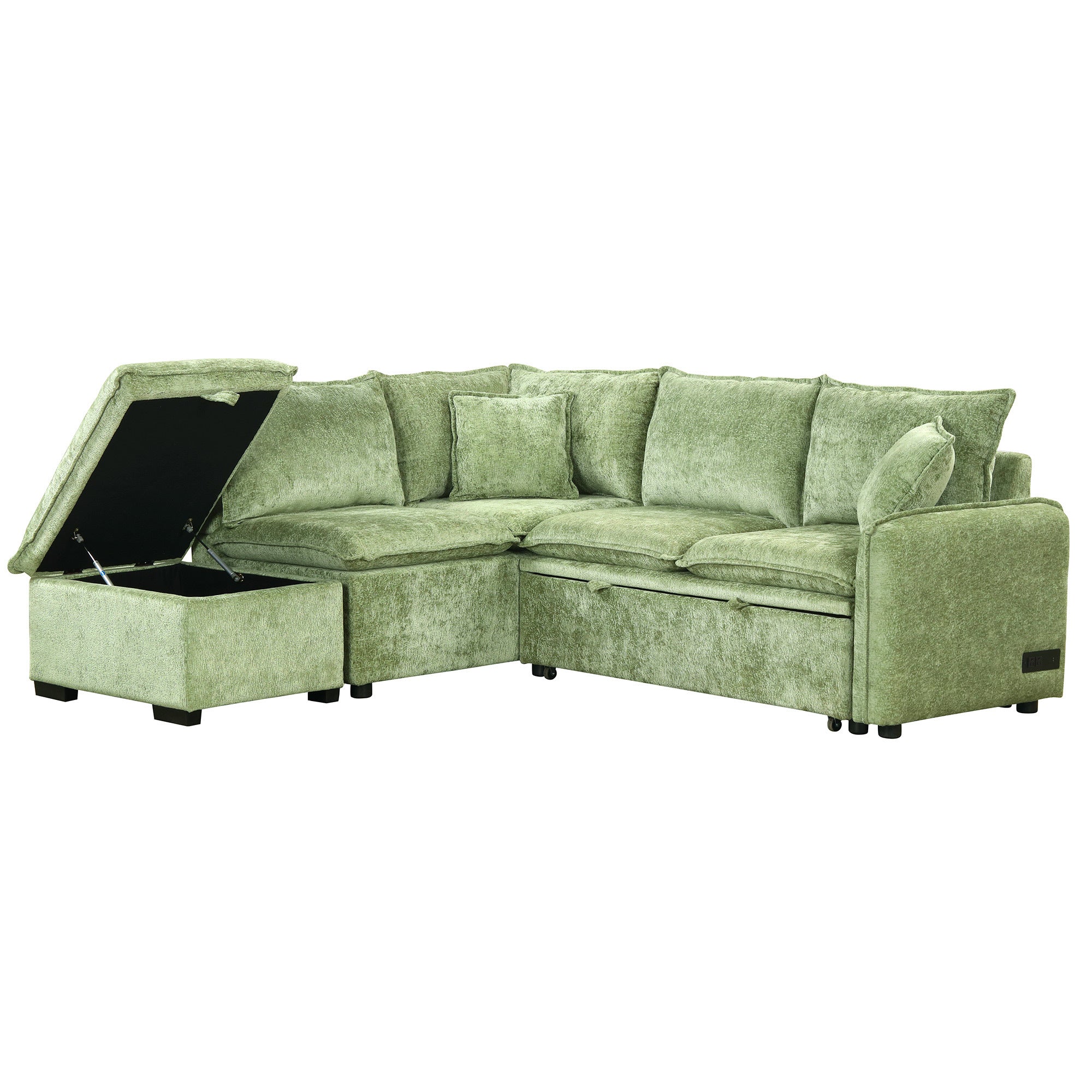 Convertible Sofa Bed Sectional Sofa Sleeper with Storage Ottoman, Green Chenille, 82.67 inches - Grand Goldman Shop