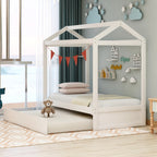 House Bed with Trundle in White, Pine Wood and MDF, Twin Size, Pre-Drilled Holes for Easy Assembly - Grand Goldman Shop