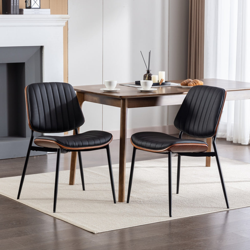 A&A Furniture, Dining Chairs Set of 2 Mid Century Modern Retro Faux Leather Chair with Walnut Bentwood Back Upholstered Seat Metal Legs Adjustable Foot for Kitchen Dining Room Chairs(Black PU) - Grand Goldman Shop