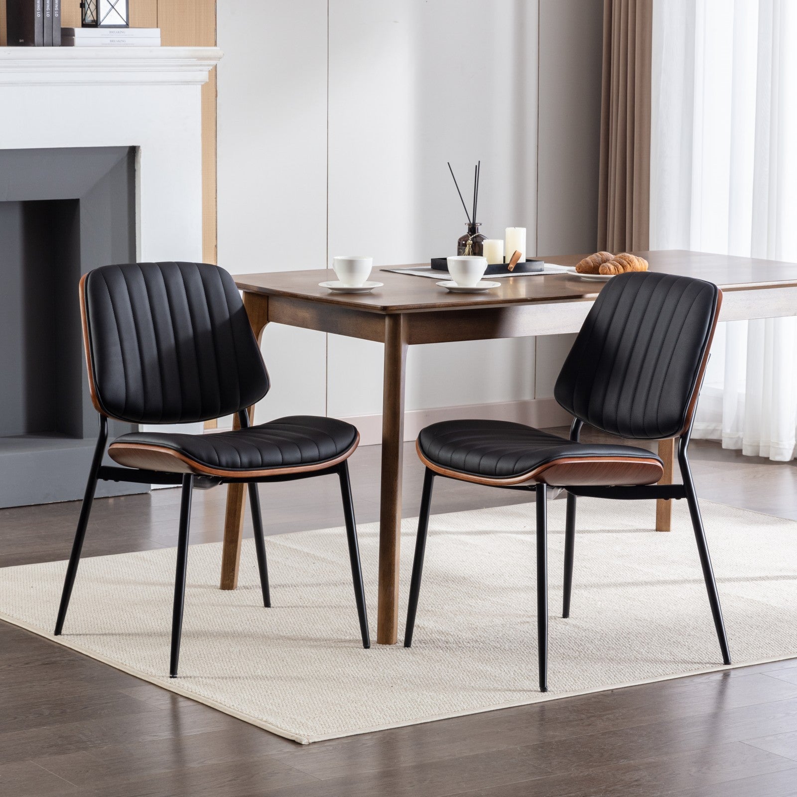 A&A Furniture, Dining Chairs Set of 2 Mid Century Modern Retro Faux Leather Chair with Walnut Bentwood Back Upholstered Seat Metal Legs Adjustable Foot for Kitchen Dining Room Chairs(Black PU) - Grand Goldman Shop