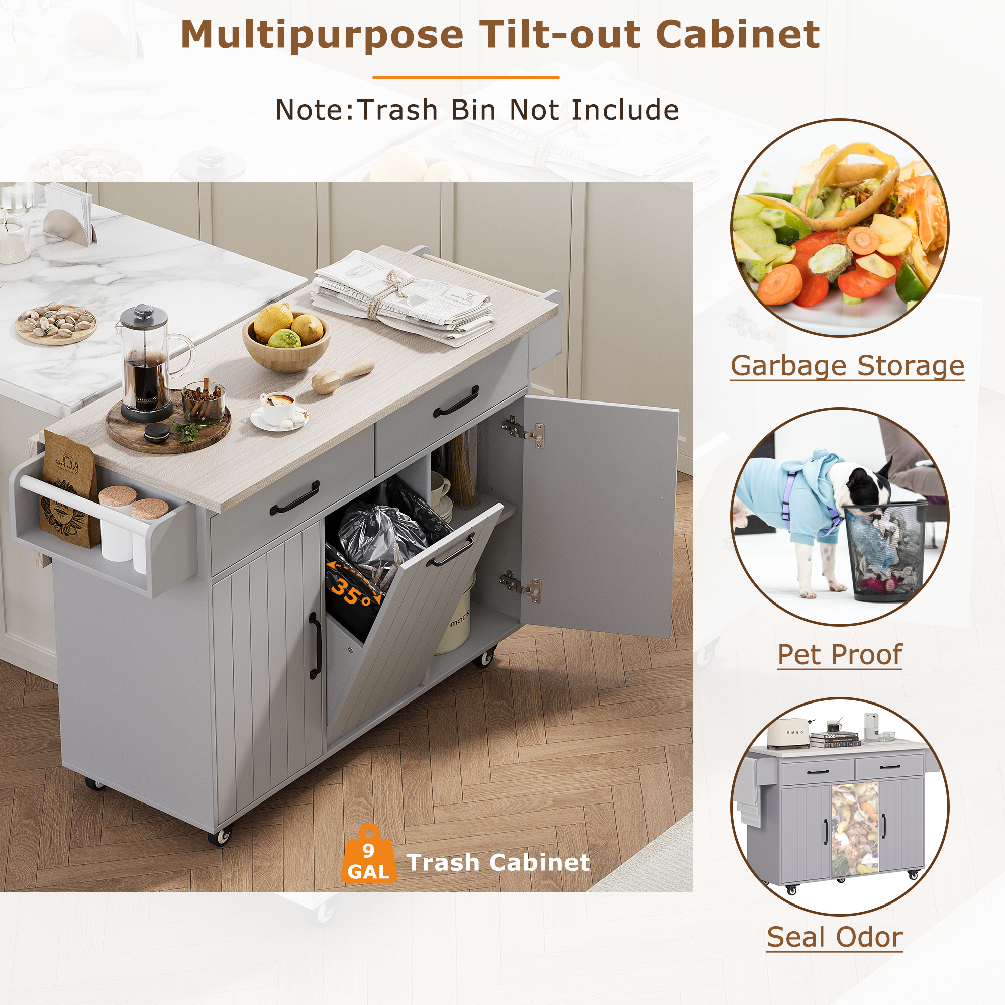 K&K Kitchen Island with Trash Can Storage Cabinet, Kitchen Cart with Drop Leaf, Spice Rack, Towel Rack and Drawer, Rolling Kitchen Island on Wheels with Adjustable Shelf, Grey - Grand Goldman Shop