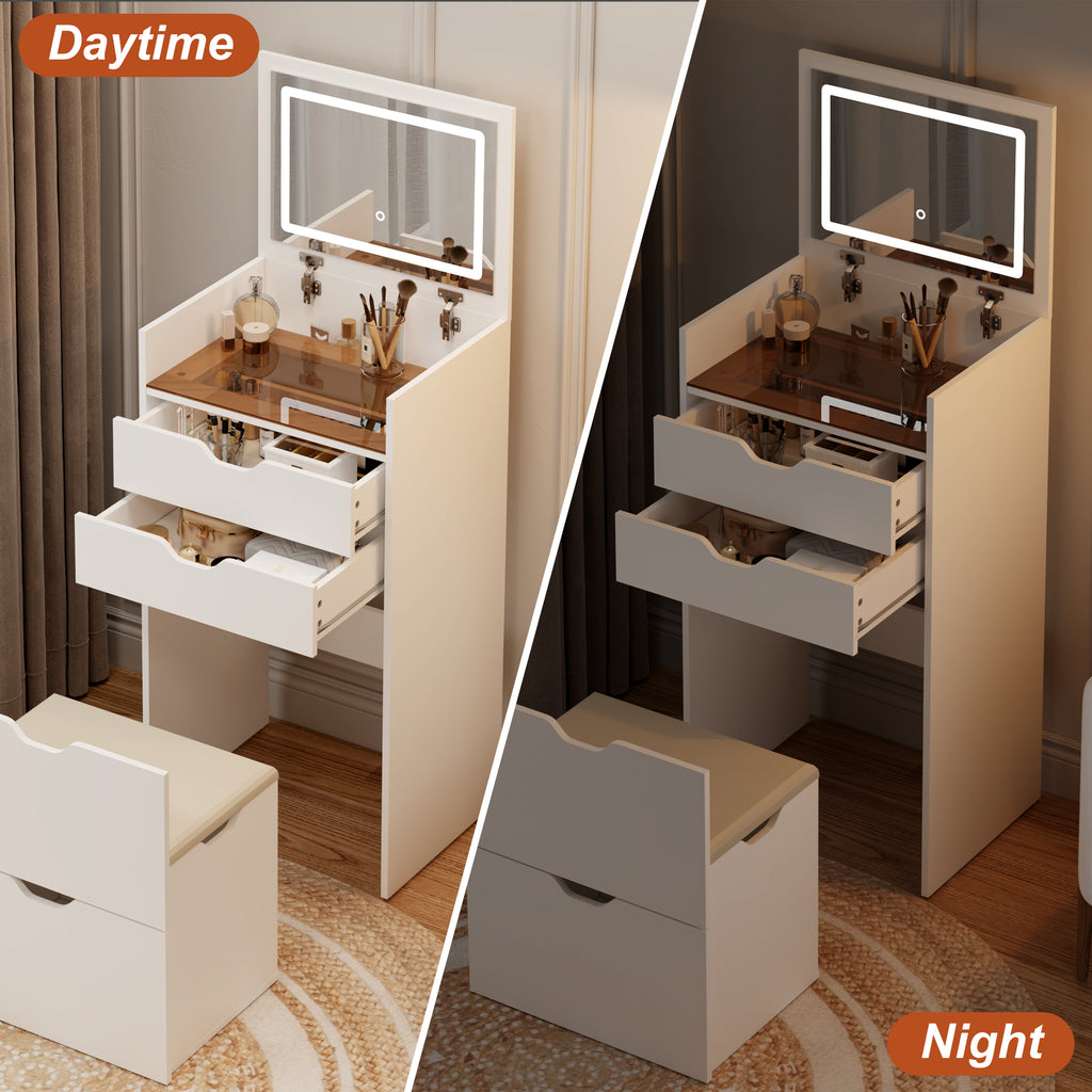 Dressing Table and Stool, 3-in-1 Multifunctional Dressing Table Set, Featuring Three-color Lighting Modes, HD Mirror, Two Sliding Drawers, and a Hidden Storage Stool - Grand Goldman Shop