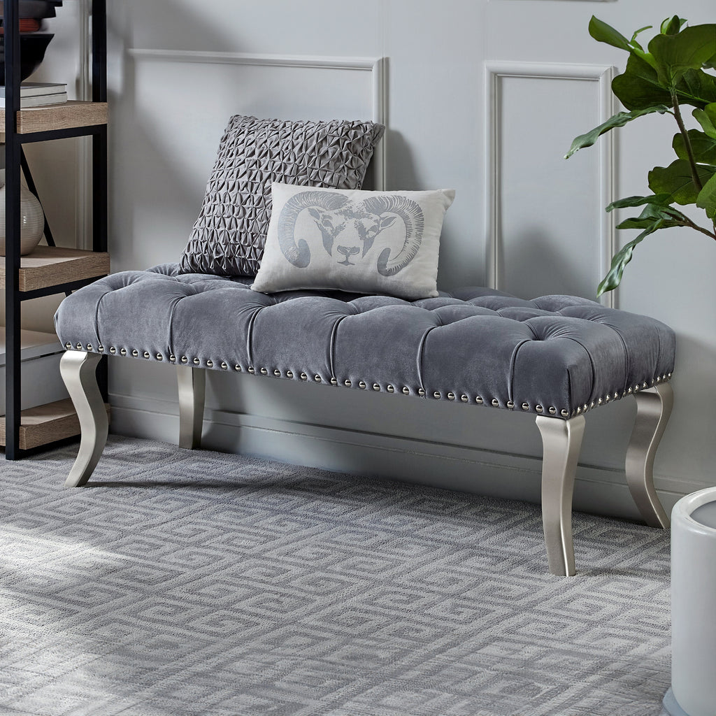 Decor Maxem Tufted Fabric Upholstered Bench Nailhead Trim , Gray - Grand Goldman Shop