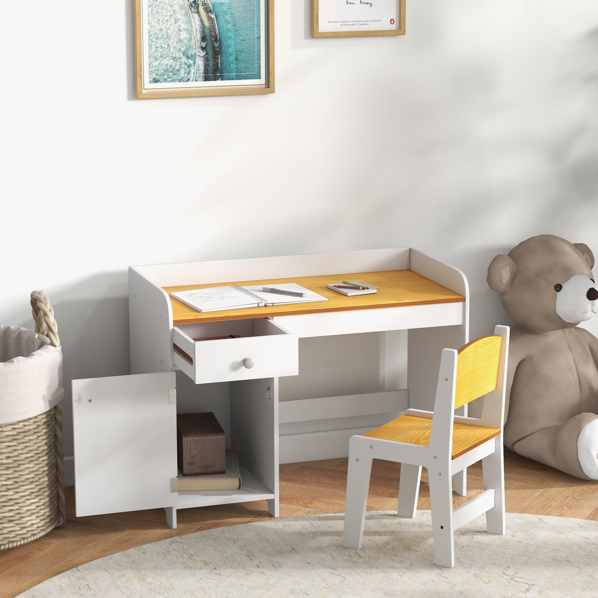 Qaba Kids Desk and Chair Set with Storage Drawer, Study Desk with Chair for Children for Arts & Crafts, Snack Time, Homeschoo