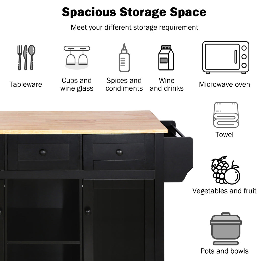 Kitchen Cart with Rubber wood Drop-Leaf Countertop ,Cabinet door internal storage racks,Kitchen Island on 5 Wheels with Storage Cabinet and 3 Drawers for Dinning Room, Black - Grand Goldman Shop
