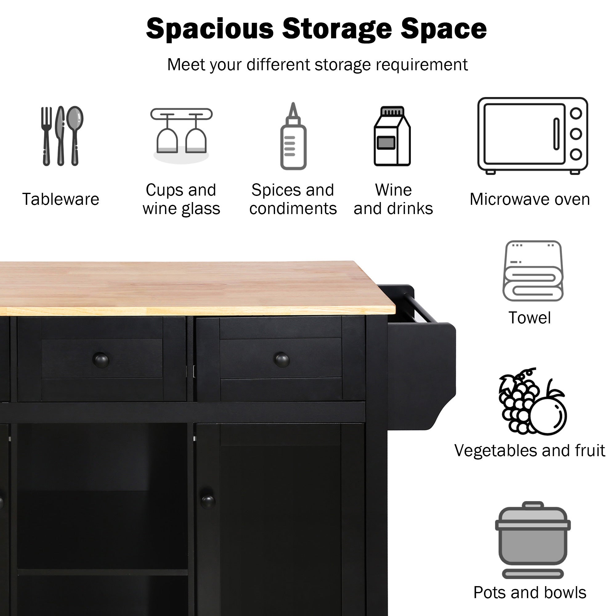 Kitchen Cart with Rubber wood Drop-Leaf Countertop ,Cabinet door internal storage racks,Kitchen Island on 5 Wheels with Storage Cabinet and 3 Drawers for Dinning Room, Black - Grand Goldman Shop