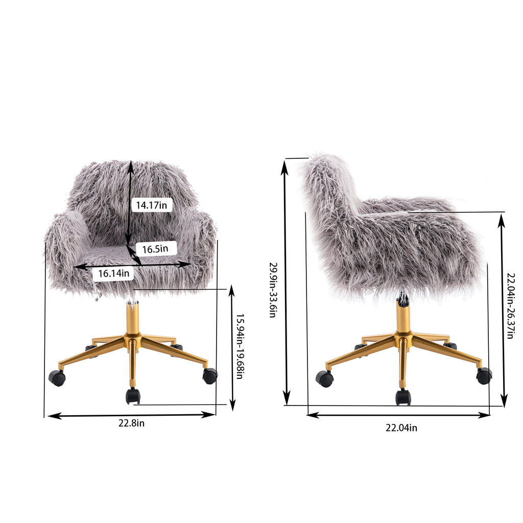 HengMing Modern Faux fur home office chair, fluffy chair for girls, makeup vanity Chair with Gold Plating Base - Grand Goldma