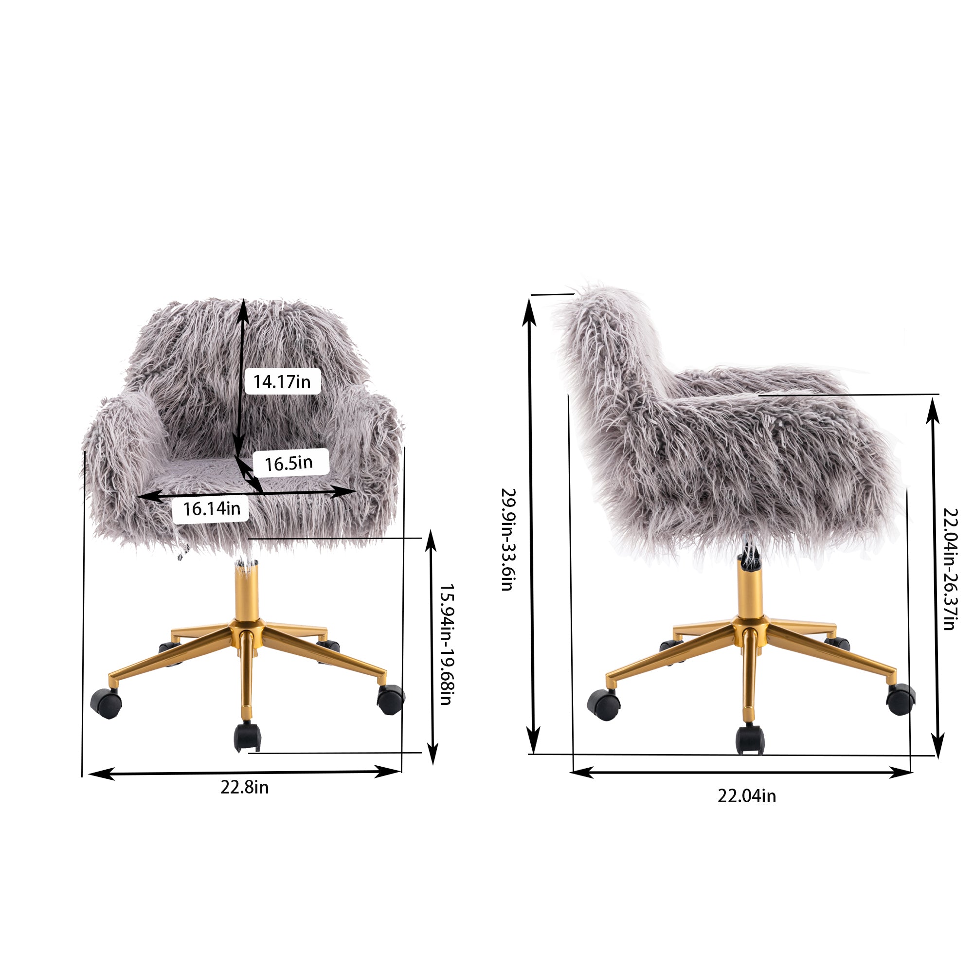 HengMing Modern Faux fur home office chair, fluffy chair for girls, makeup vanity Chair with Gold Plating Base - Grand Goldma