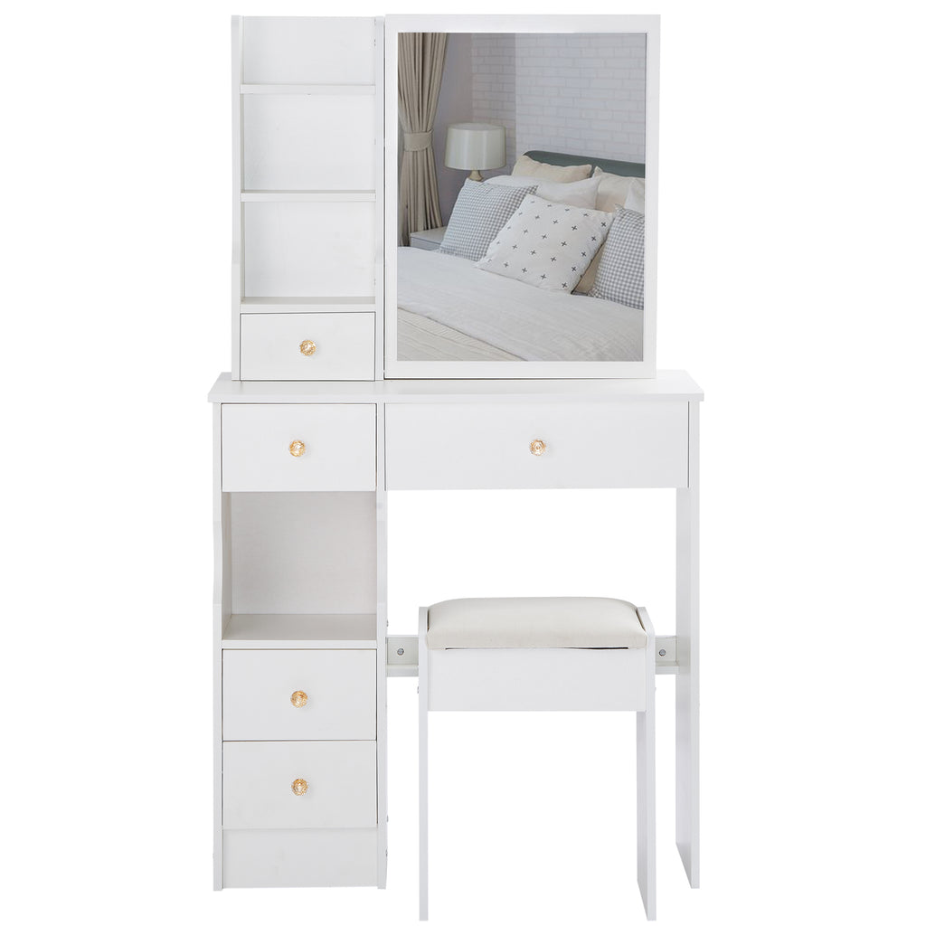 29.2' Small Space Left Drawer Desktop Vanity Table + Cushioned Stool, Extra Large Right sliding mirror, Multi Layer High Capacity Storage, Practical Fashionable Dresser, EPA, GCC, UL Certificate - Grand Goldman Shop