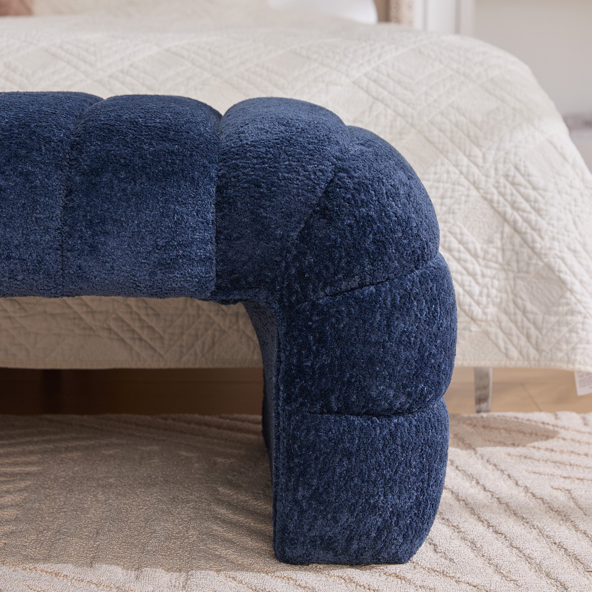 Modern Upholstered Armless Bed Bench, Channel Tufted Couch Daybed Chaise, Navy Chenille Ottoman Foot Stool, 69.7' Wide - Grand Goldman Shop