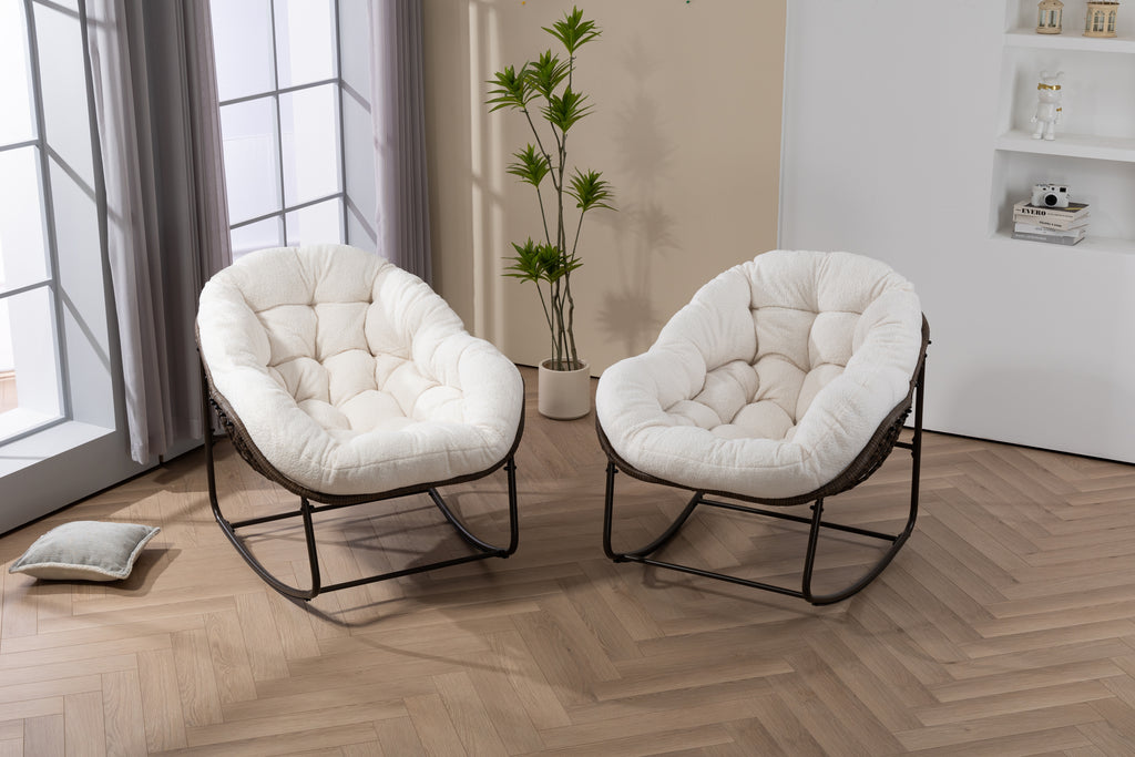 Outdoor Rattan Rocking Chair,Padded Cushion Rocker Recliner Chair Outdoor for Front Porch, Living Room, Patio, Garden, White - Grand Goldman Shop