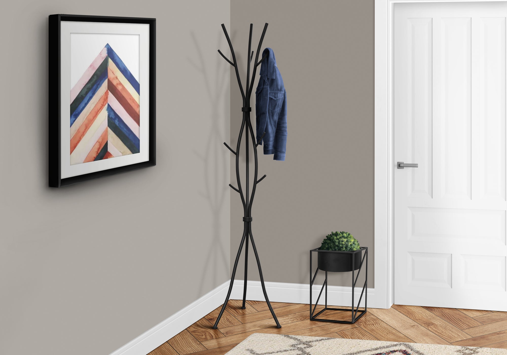 Coat Rack, Hall Tree, Free Standing, 11 Hooks, Entryway, 74'h, Bedroom, Black Metal, Contemporary, Modern - Grand Goldman Shop