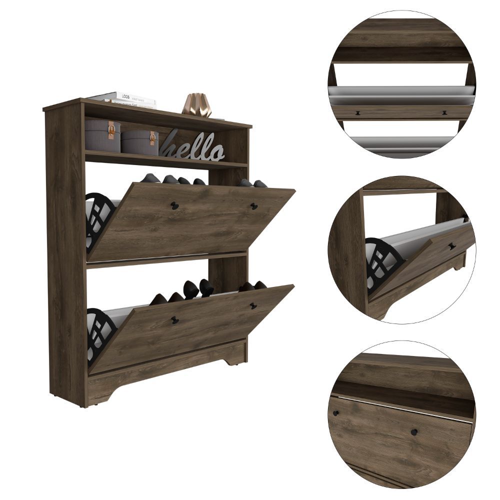 Calgary Shoe Rack, Superior Top, One Open Shelf, Two Extendable Shelves -Dark Brown - Grand Goldman Shop
