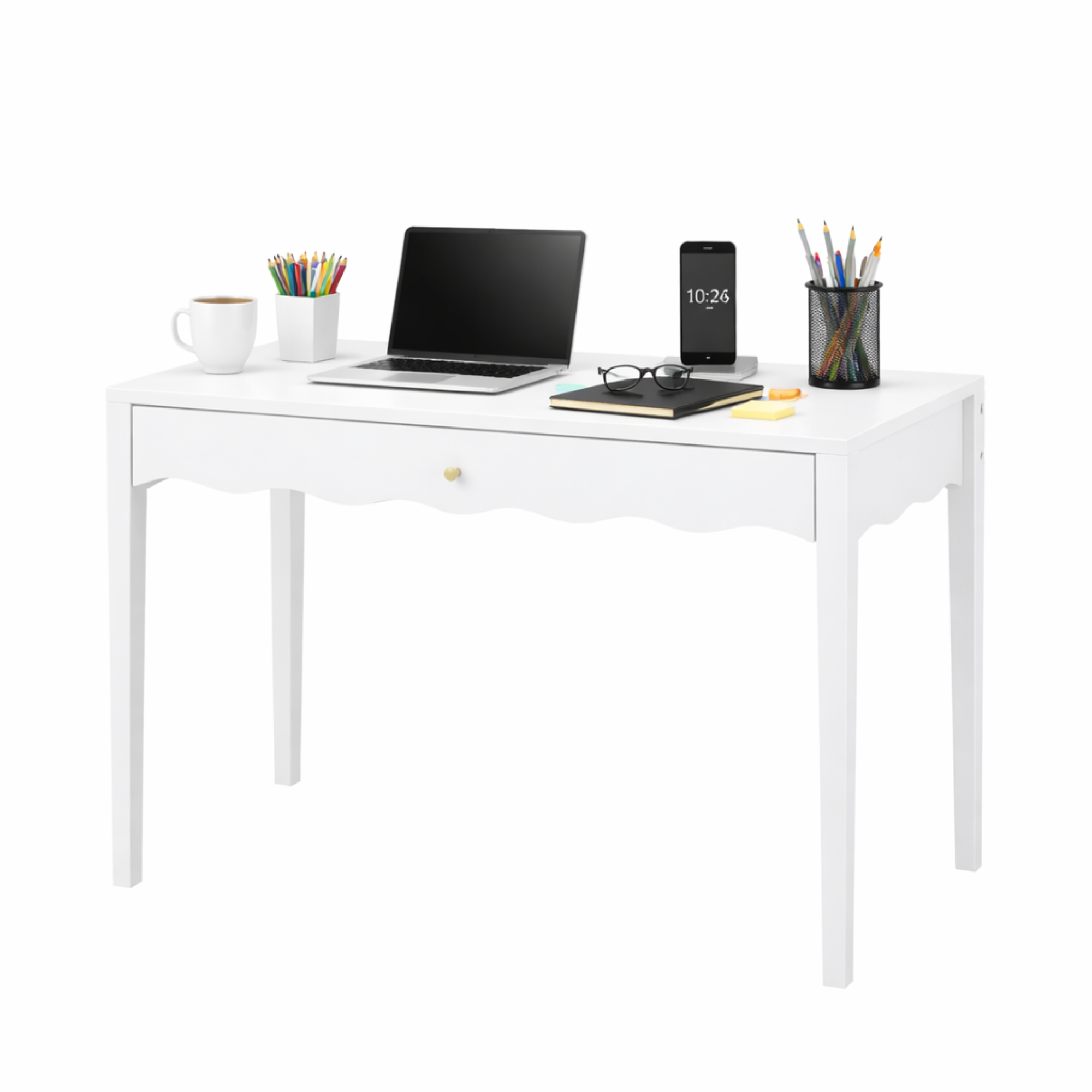 White 35.43' Vanity Desk with Drawer – Modern Makeup Table with Scalloped Front & Gold Knob, Compact Writing Desk with 4 Sturdy Legs for Bedroom, Small Home Office & Apartment Spaces - Grand Goldman Shop