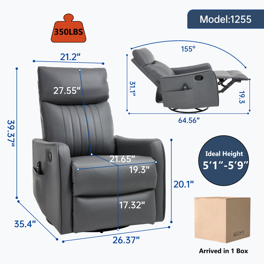 Grey Faux Leather Heat Massage Manual Recliner Chair with Rocker and Swivel for Living Room - Grand Goldman Shop