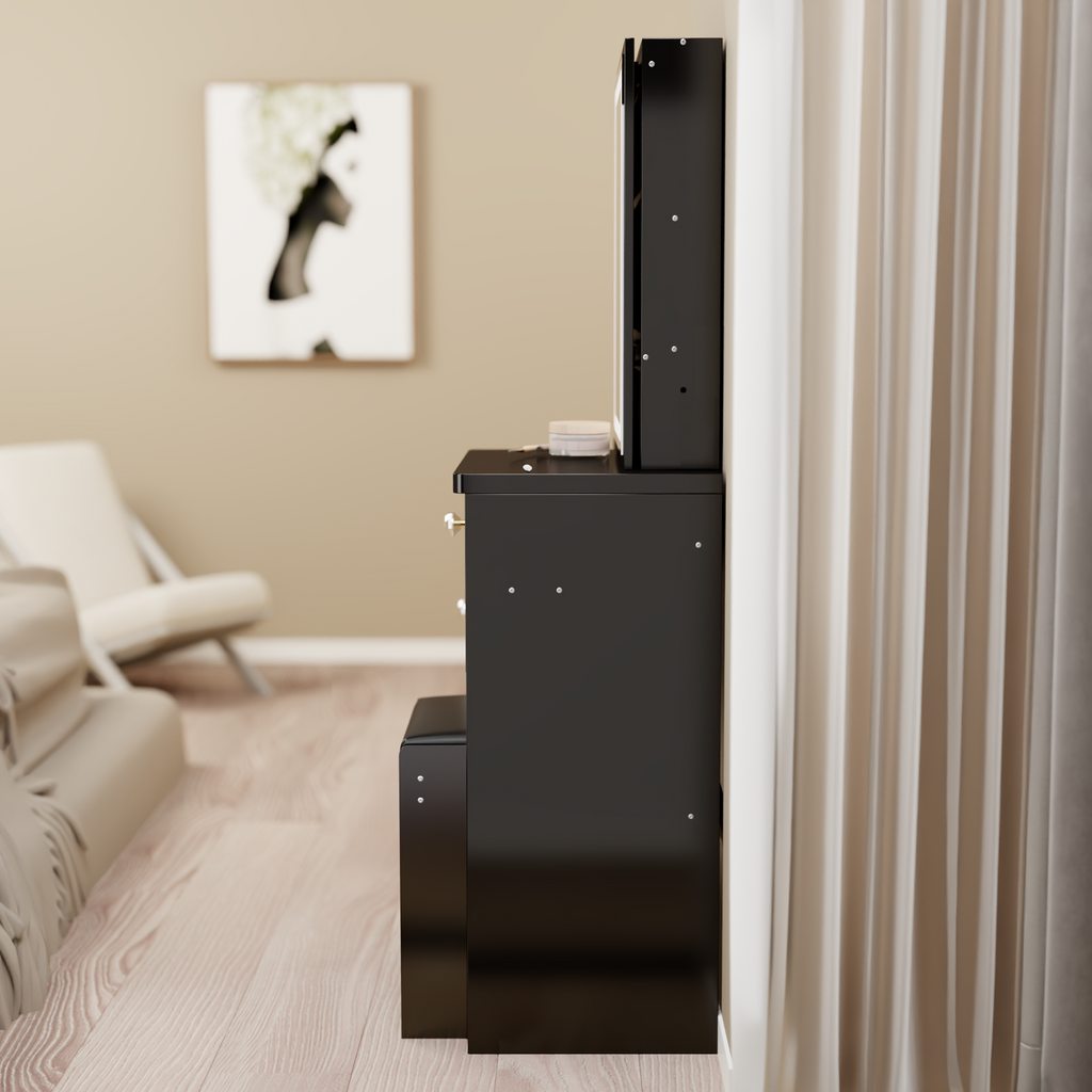 29.2' Small Space Left Bedside Cabinet Vanity Table + Cushioned Stool, Extra Large Right sliding mirror, Multi Layer High Capacity Storage, Practical Fashionable Dresser, Suitable For Small Space - Grand Goldman Shop