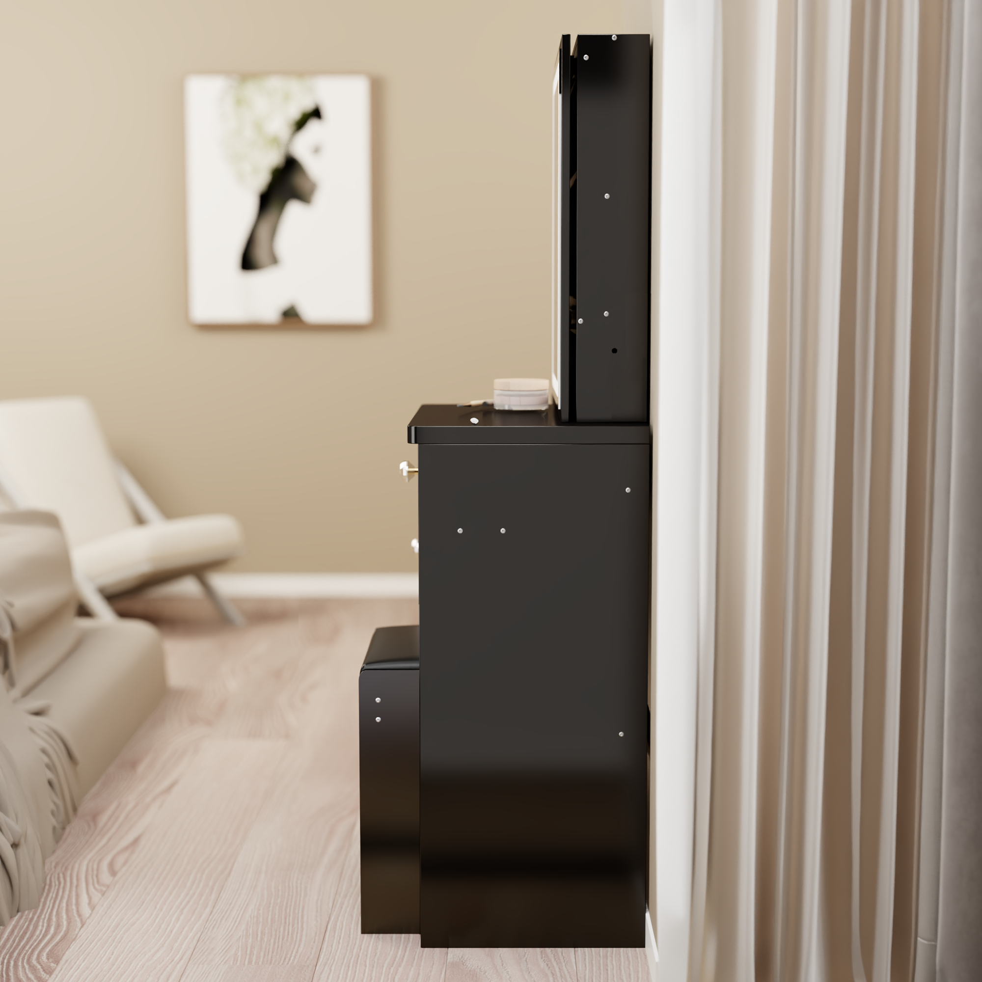 29.2' Small Space Left Bedside Cabinet Vanity Table + Cushioned Stool, Extra Large Right sliding mirror, Multi Layer High Capacity Storage, Practical Fashionable Dresser, Suitable For Small Space - Grand Goldman Shop