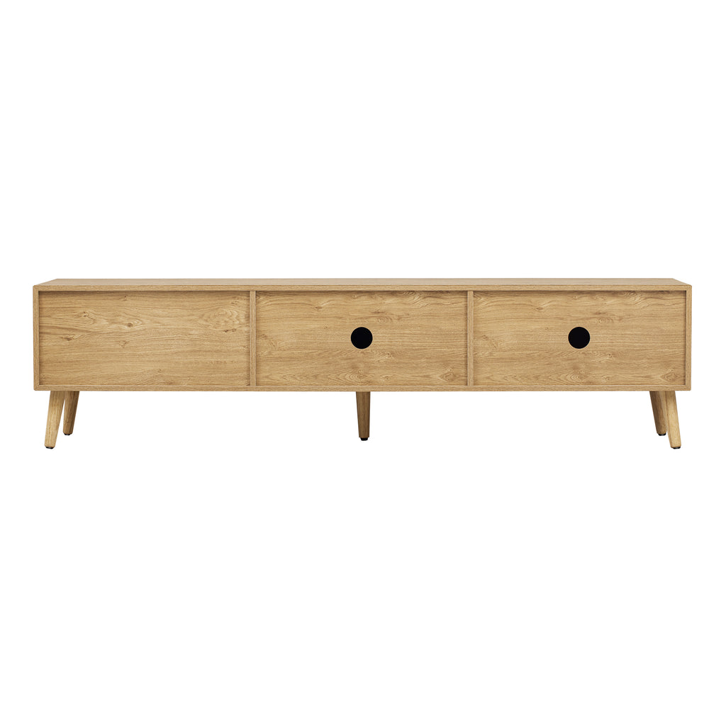Boho TV Stand for TVs up to 80'', Modern Farmhouse Media Console with Solid Wood Legs, Natural Wood Finish, MDF Cabinet, 70.8''L x 15.7''W x 17.7''H - Grand Goldman Shop