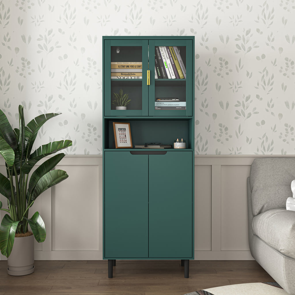 Tempered Glass Door Tall Storage Bookcase with adjustable board, 4 doors MDF painting finished cabinet, Green, Living room Bedroom storage - Grand Goldman Shop